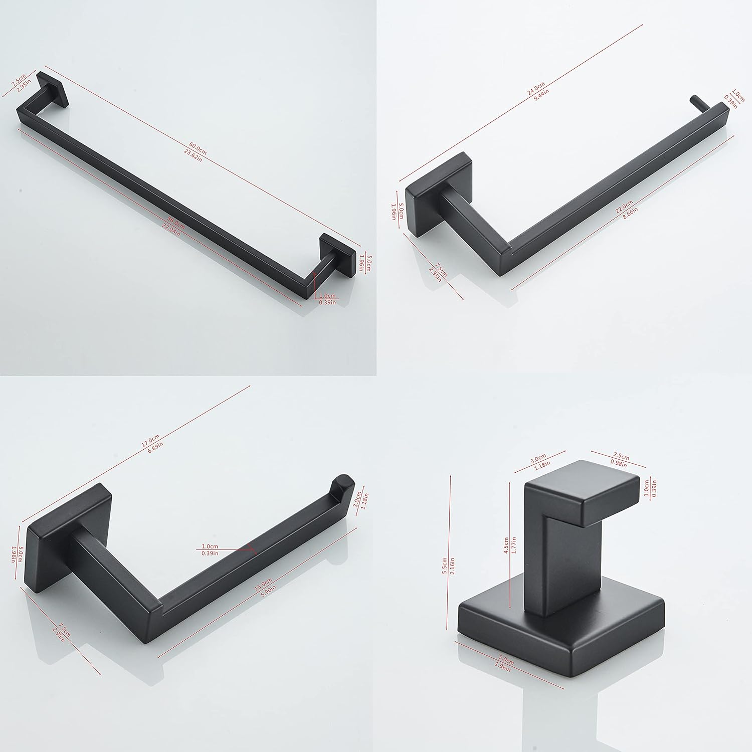 JunSun Juego de accesorios de baño cuadrado de 4 piezas (toallero para papel higiénico, gancho para bata), accesorios de baño contemporáneos