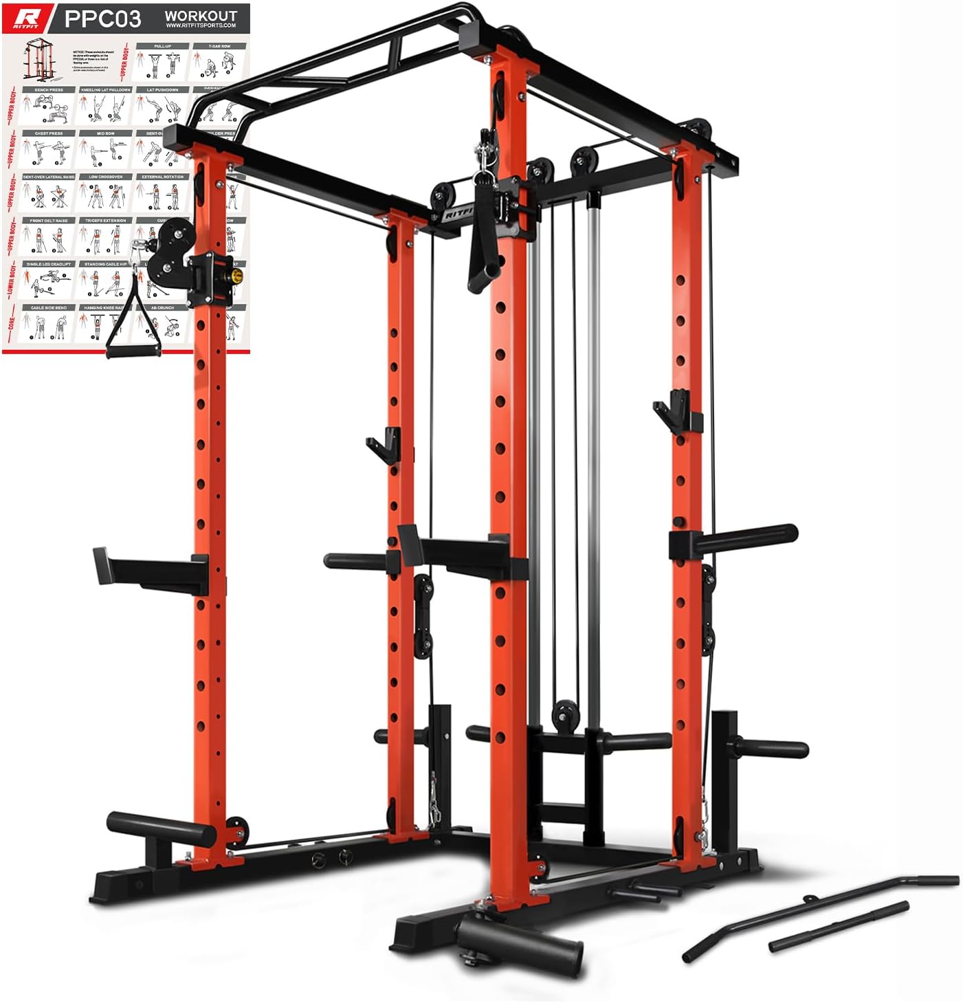 RitFit Jaula de potencia con sistema opcional de máquina LAT PullDownCable CrossoverSmith, estante para sentadillas de 1000 libras para el hogar y