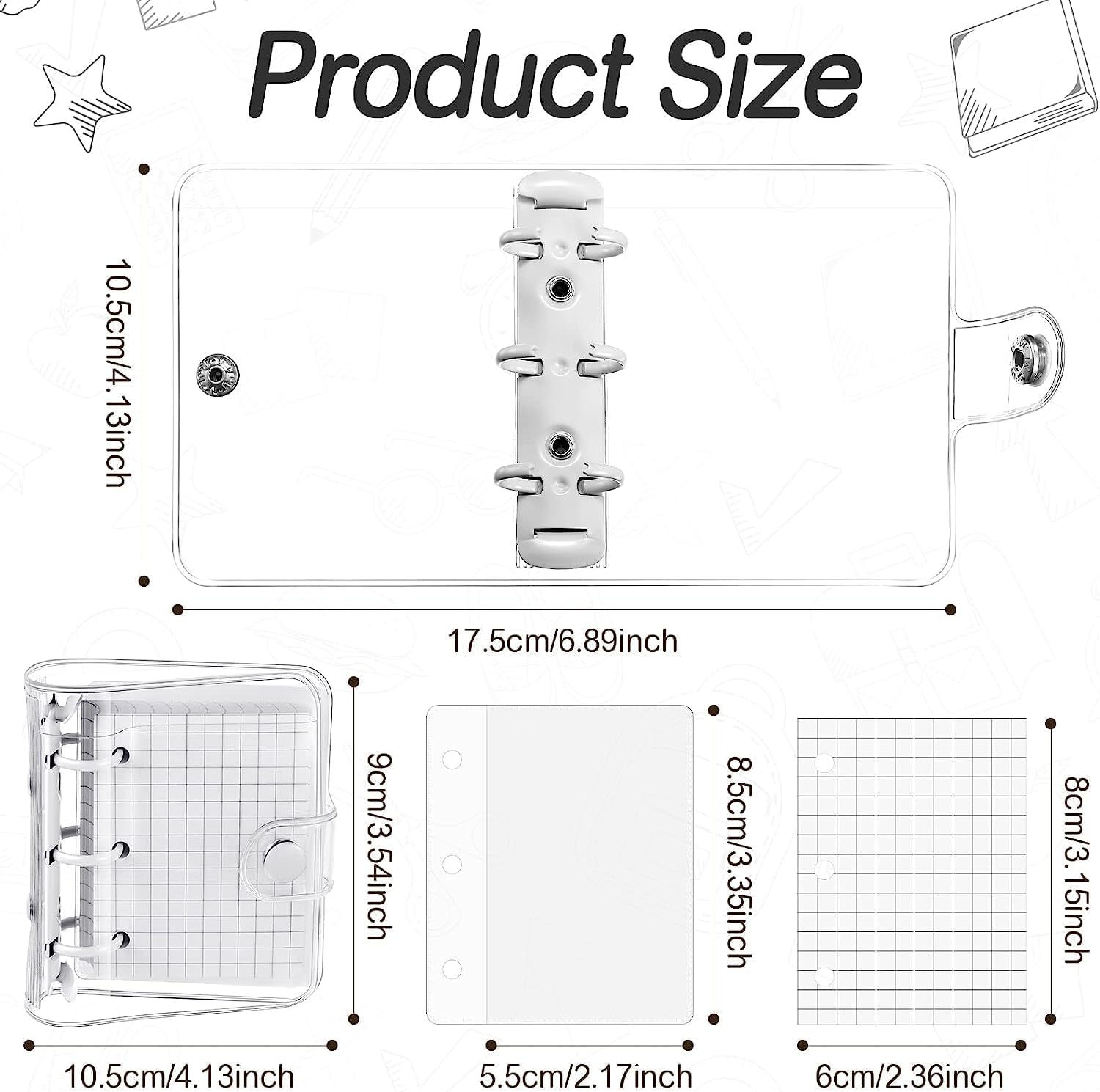 Juego de 2 mini carpetas de 3 anillos transparentes con mini bolsillos interiores de papel, cierre de cuaderno de PVC suave y transparente, carpeta