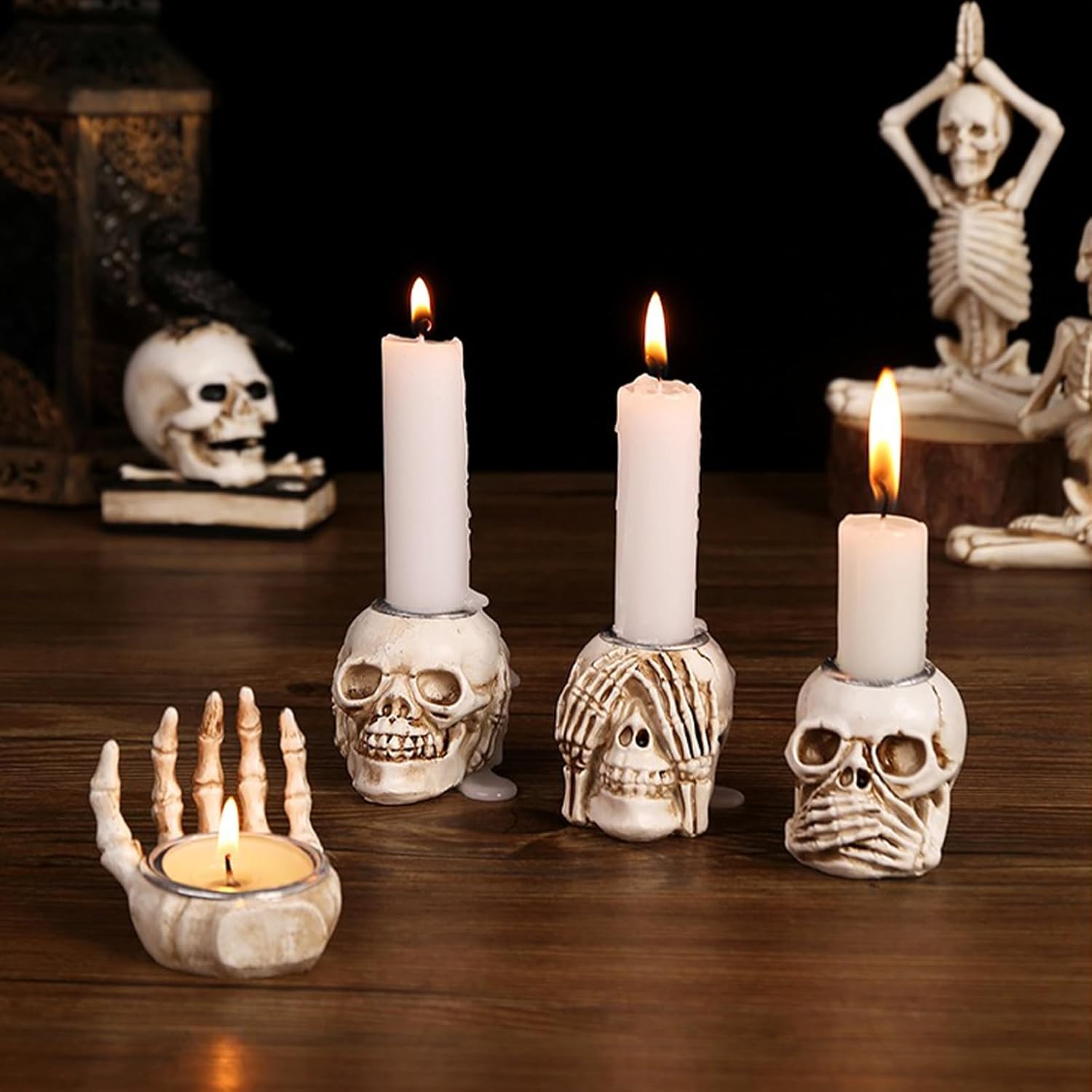 Whaline 4 portavelas de Halloween, diseño de esqueleto gótico, calavera de palma, candelabro, portavelas de resina para el hogar, mesa, temática