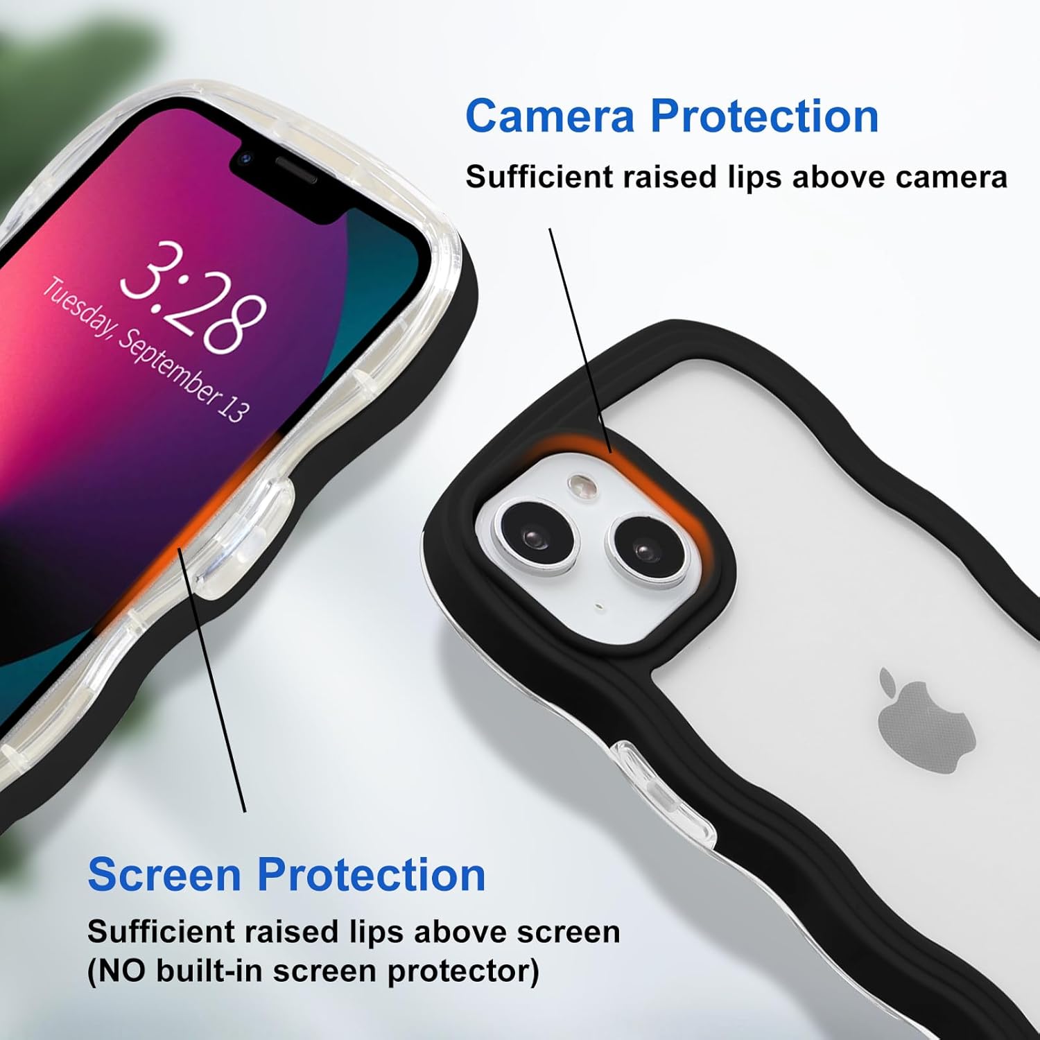 Anuck Funda para iPhone 13 con borde ondulado, diseño de espalda transparente, agarre antideslizante, forma de marco rizado, a prueba de golpes, TPU