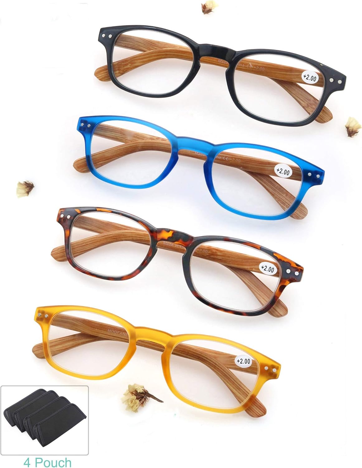 MODFANS Paquete de 4 lentes de lectura con bisagras de resorte de aspecto de madera para hombres y mujeres