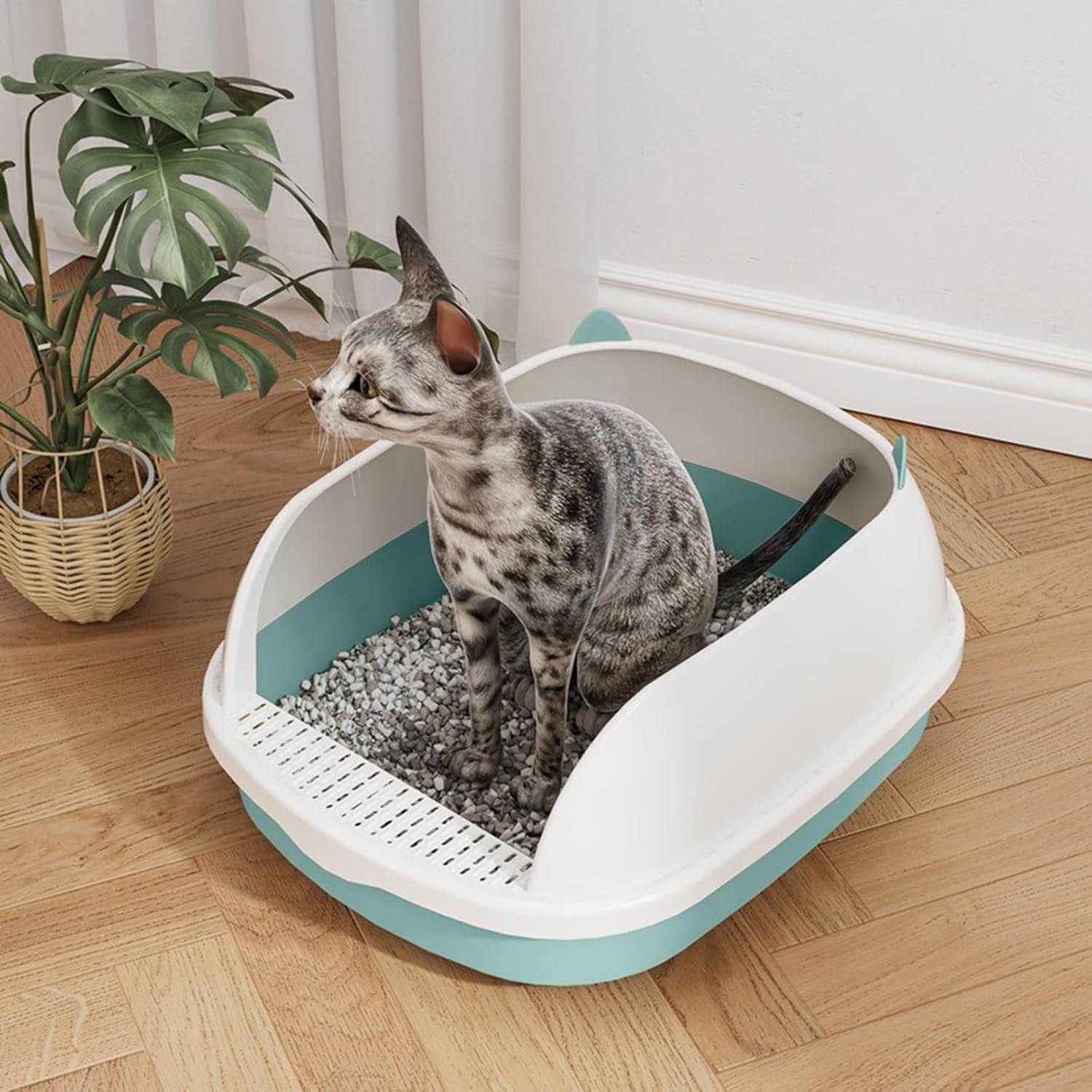 Bandeja de arena de alta cara para gatos y mascotas, caja de arena profunda con pedal de arena para tamizar, inodoro para gatos y gatos, para