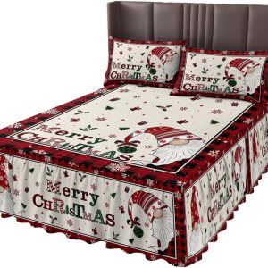 Juego de sábanas de falda de cama de Navidad, 1 sábana y 2 fundas de almohada, falda de cama tamaño King de 18 pulgadas de caída, gnomos a cuadros Juego de sábanas de falda de cama de Navidad, 1 sábana y 2 fundas de almohada, falda de cama tamaño King de 18 pulgadas de caída, gnomos a cuadros