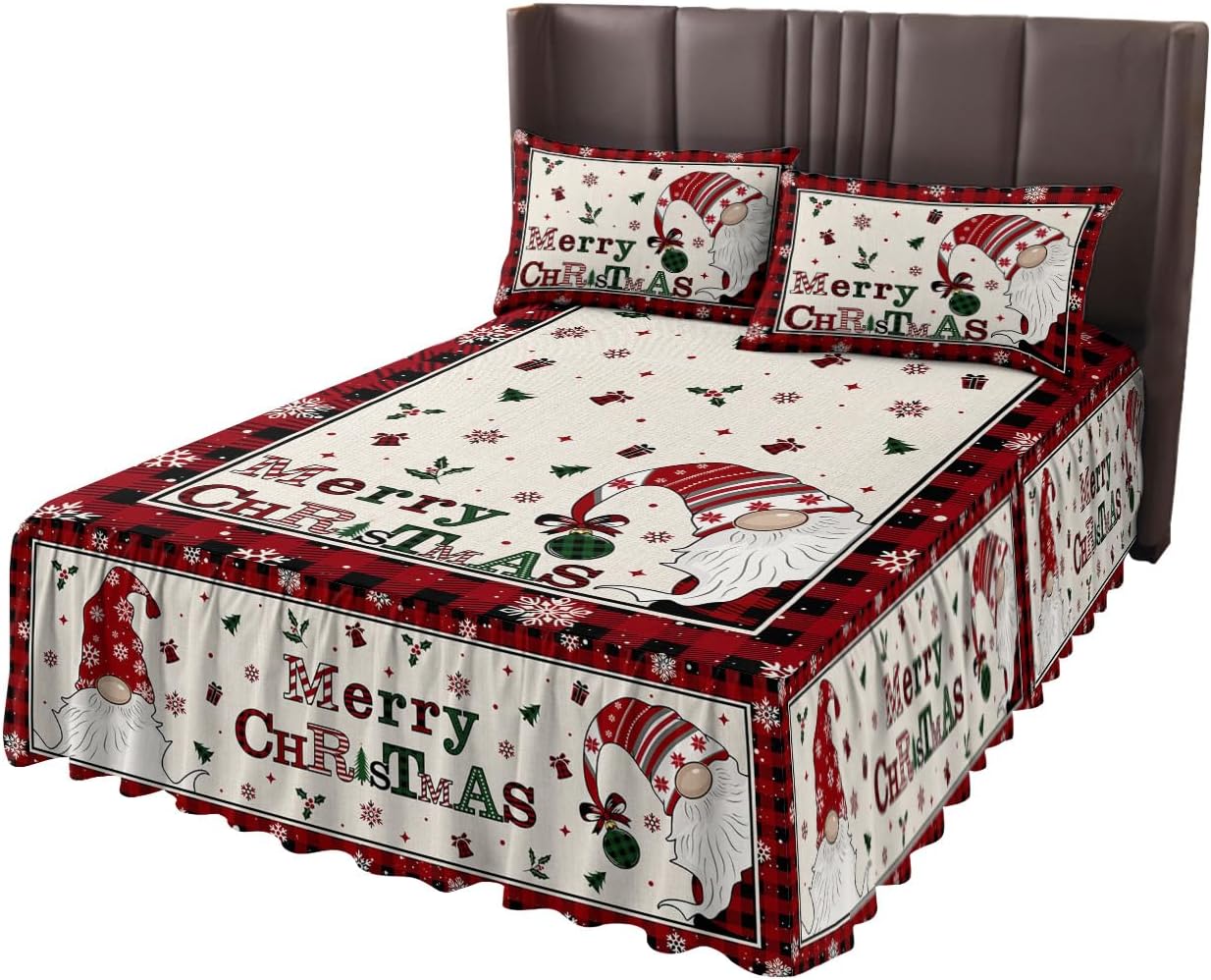 Juego de sábanas de falda de cama de Navidad, 1 sábana y 2 fundas de almohada, falda de cama tamaño King de 18 pulgadas de caída, gnomos a cuadros