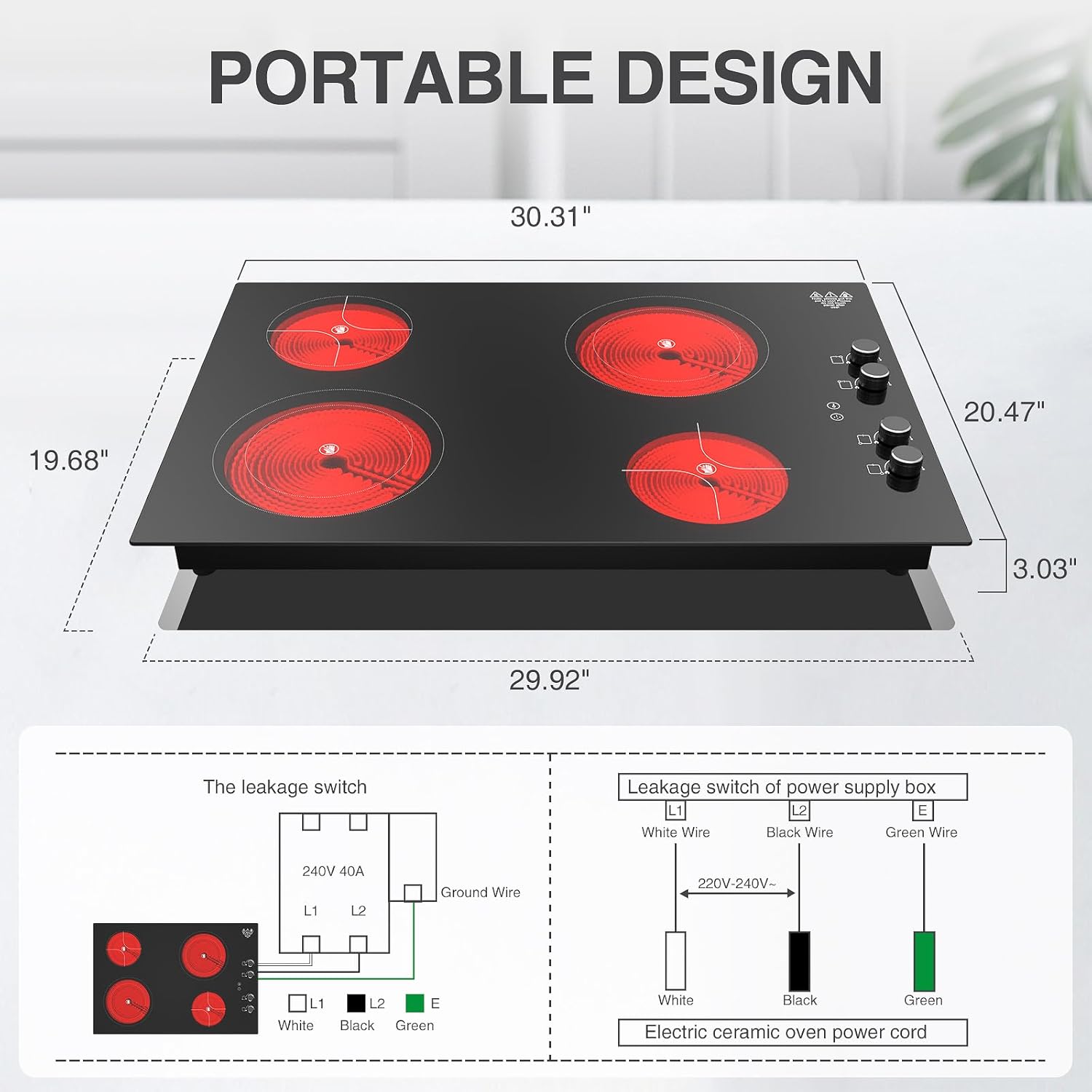 POTFYA – Estufa eléctrica de 30 pulgadas, 4 quemadores de 7200 W, placa de cerámica eléctrica integrada para cocinar, 220-240 V, control de perilla,