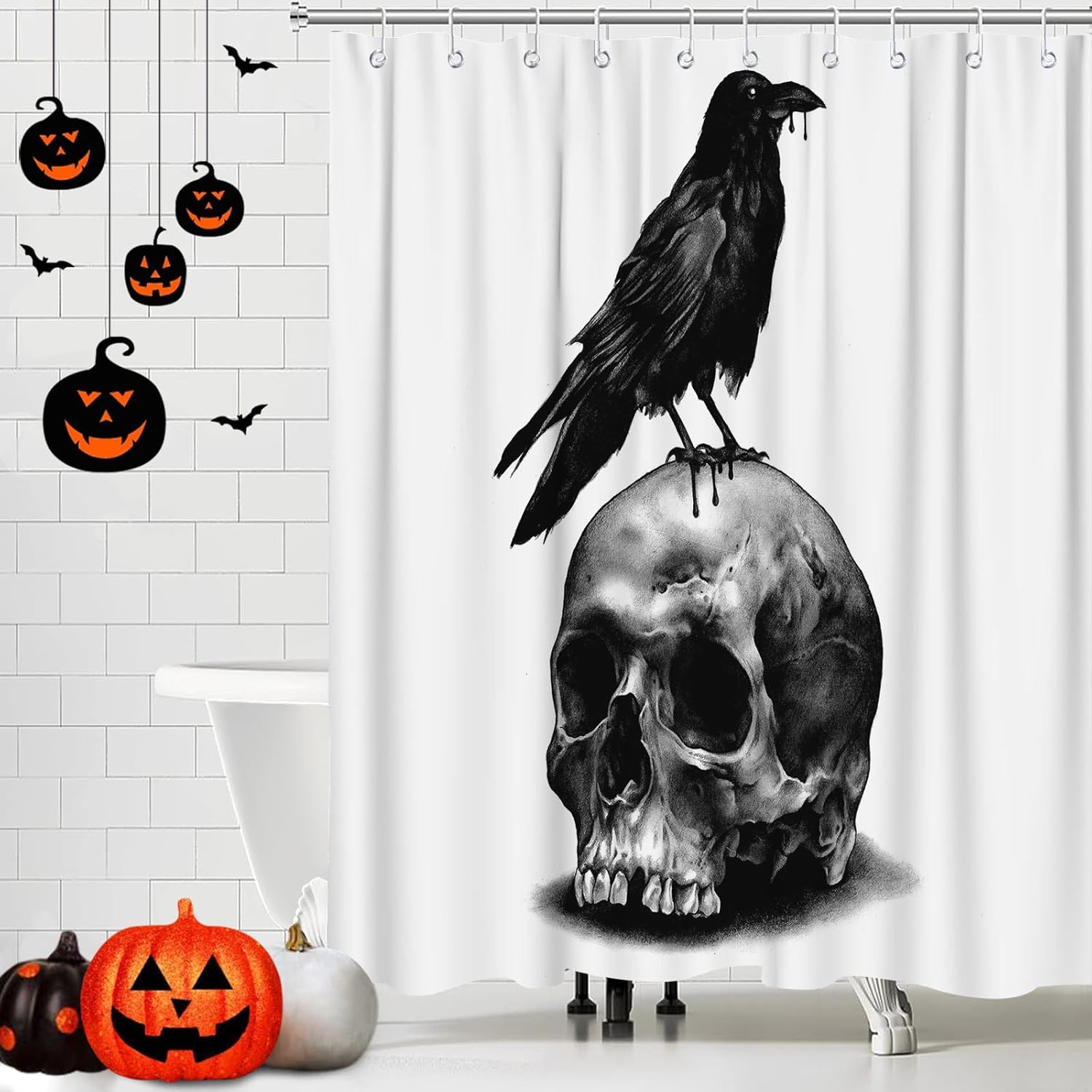 JOOCAR Cortina de ducha de calavera de Halloween, diseño de esqueleto aterrador de terror, decoración de baño de Halloween, juego de cortina de