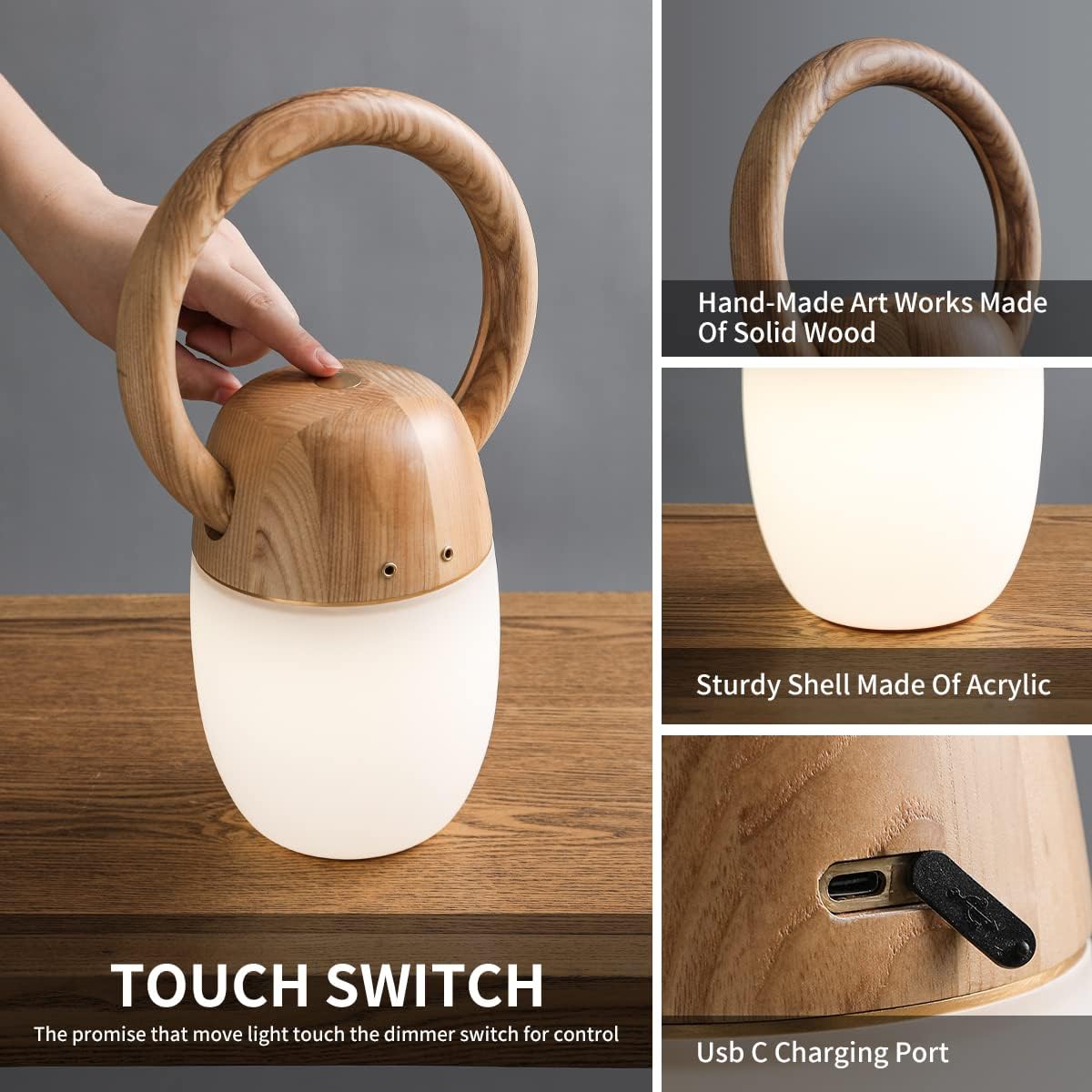 JLBMXY&LS Lámpara de noche de madera con control táctil, lámpara de mesa de noche regulable con lámpara de escritorio USB C para dormitorio, sala de