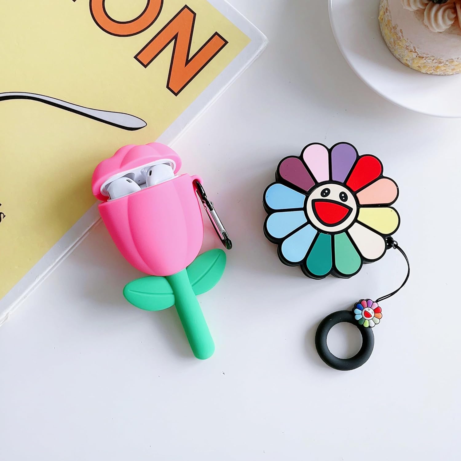 Paquete de 2Funda 3D con diseño de flores para Airpod 21, funda 3D para niños, niñas, adolescentes y mujeres, diseño de tulipán Kawaii + girasol,