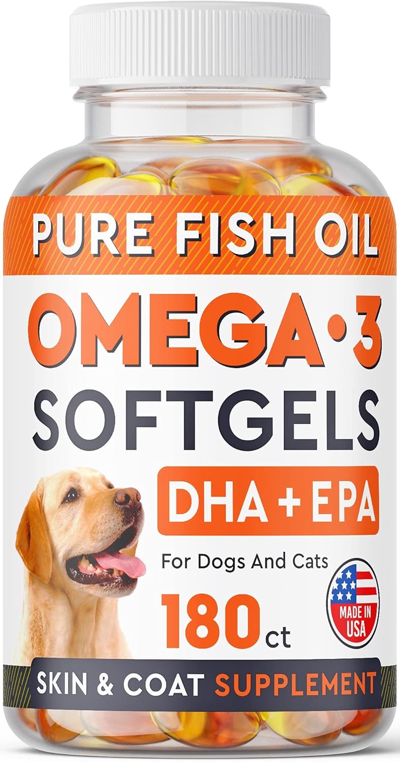 StrellaLab Pastillas de aceite de pescado Omega 3 para perros (180 unidades)  Cápsulas blandas sin olor a pescado  EPA + DHA ácidos grasos reducen