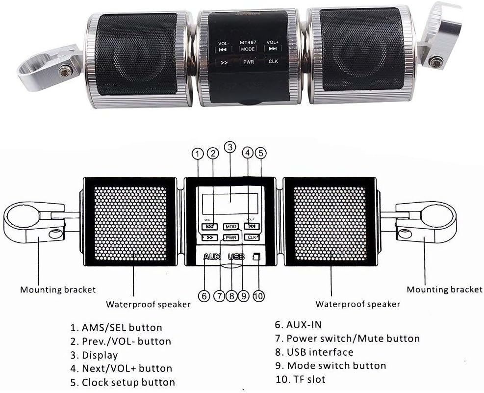 MASO Altavoces estéreo inalámbricos Bluetooth impermeables para motocicleta, montaje en manillar, reproductor de música MP3, sistema amplificador de