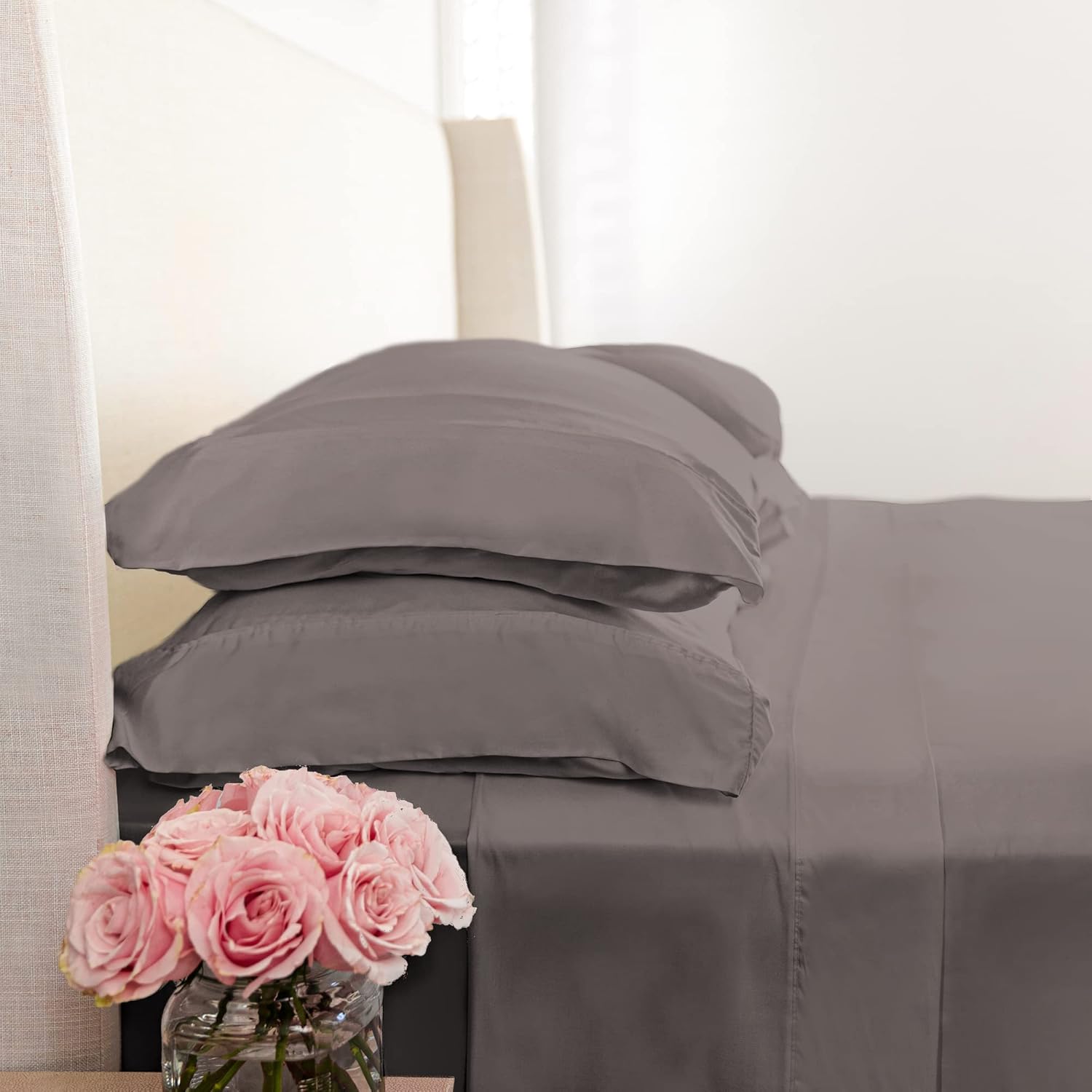 KICKEE Sheet Set, 100% Viscose from Bamboo, Sateen Weave, Silky Soft Bedding for Heavenly Comfort, Best 300 Thread Count (Hazelnut, CA King)