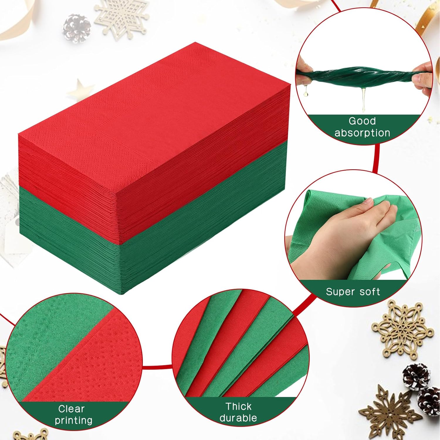 Teling 100 servilletas de Navidad desechables de papel rojo y verde para cena de Navidad, servilletas de mano para cena de Navidad para el hogar,
