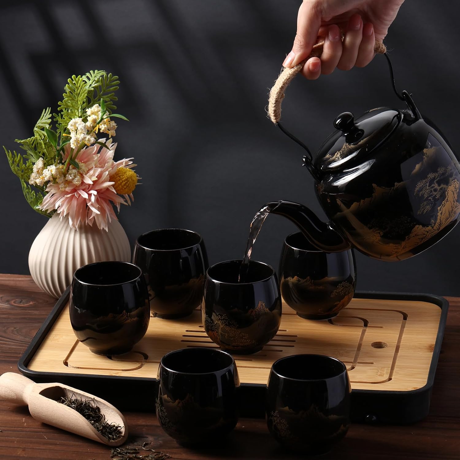 Juego de té japonés en caja de regalo, juego de té asiático, tetera mágica con 1 tetera, 6 tazas de té, 1 bandeja de té, 1 infusor de acero