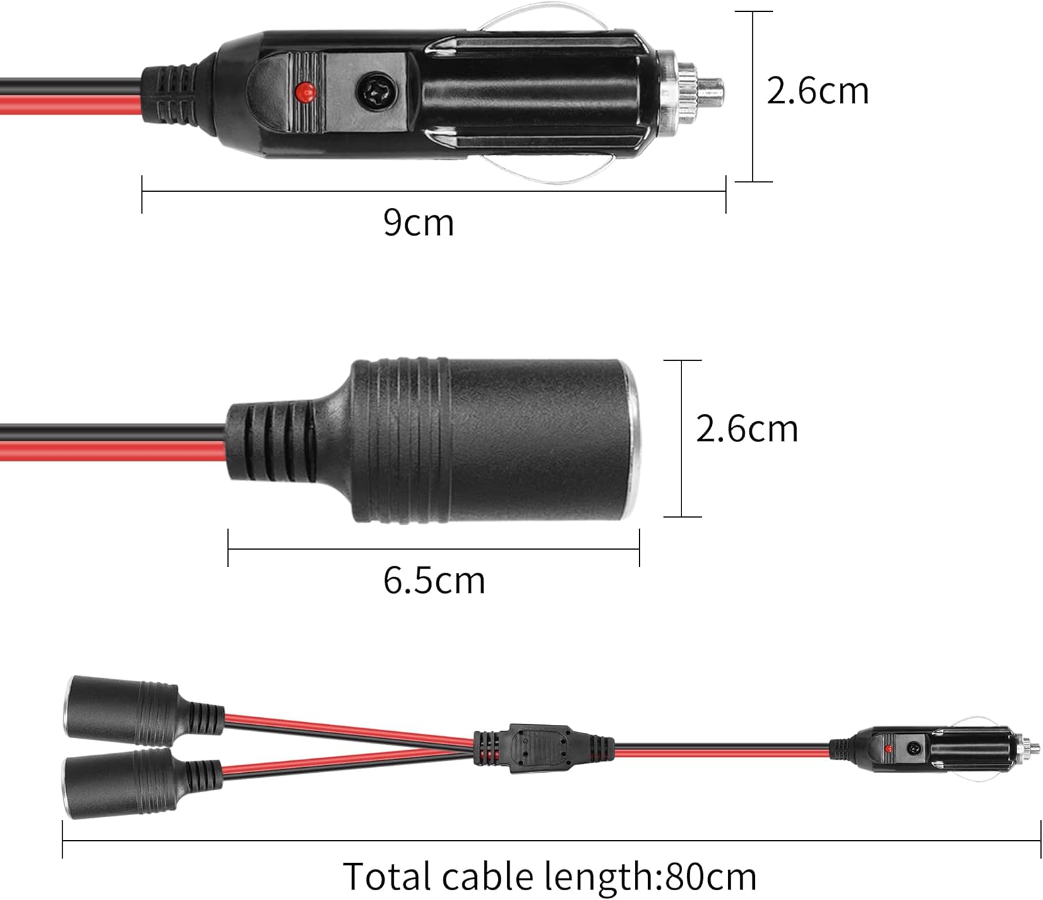 Cable divisor en Y para encendedor de cigarrillos para automóvil, YACSEJAO 14 AWG 2 pies, 12 V24 V, 1 a 2, cable de extensión de 2 vías