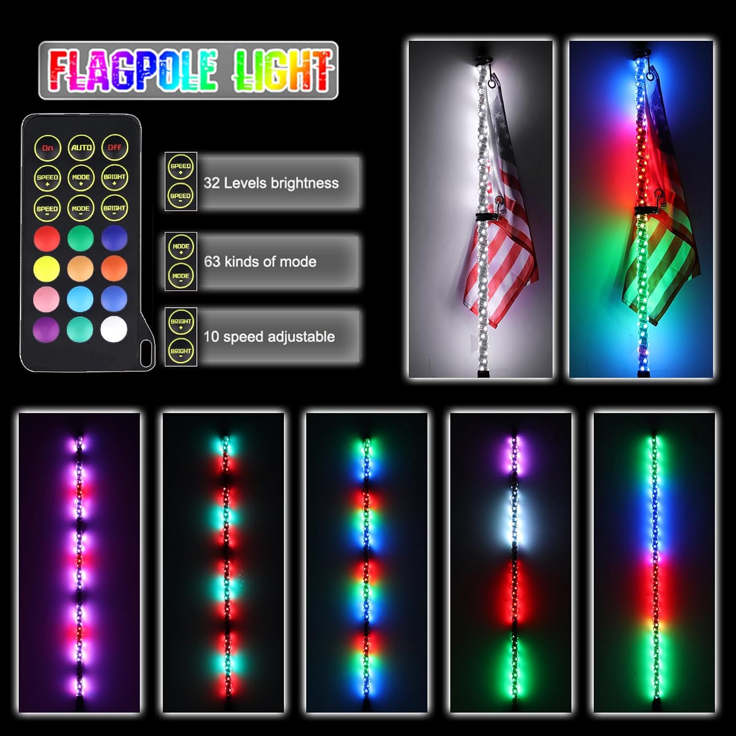 1 luz LED RGBW de 2 pies, color de ensueño + color blanco puro, control remoto RF, látigos iluminados para Can-Am ATV UTV RZR Polaris Offroad Truck