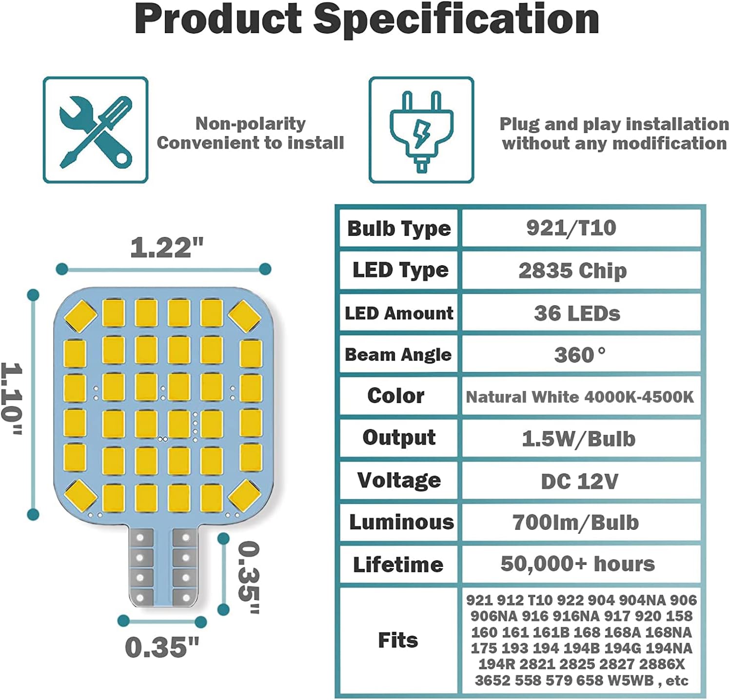 20 bombillas LED para interior de caravana T10 921 922 912 194, bombillas LED superbrillantes, iluminación de repuesto 36-SMD 2835 4500K blanco