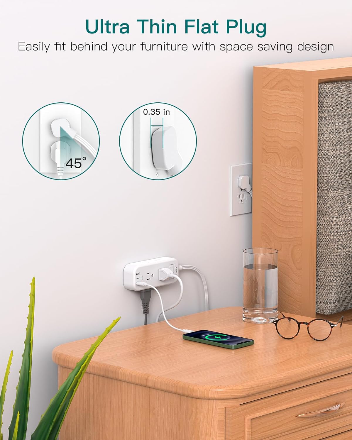 Regleta de alimentación de viaje con USB, cable de extensión de enchufe plano, 6 tomas, 3 puertos USB (2 USB-C), extensor de salida con cable de