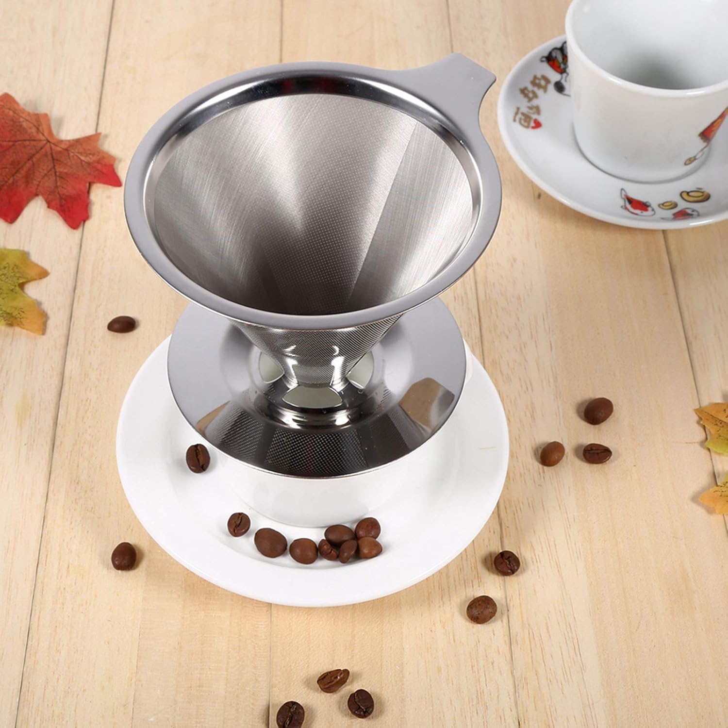 Vierta sobre el gotero de café, filtro de acero inoxidable, filtro de café reutilizable, soporte de taza de filtro de malla de doble capa, uso en