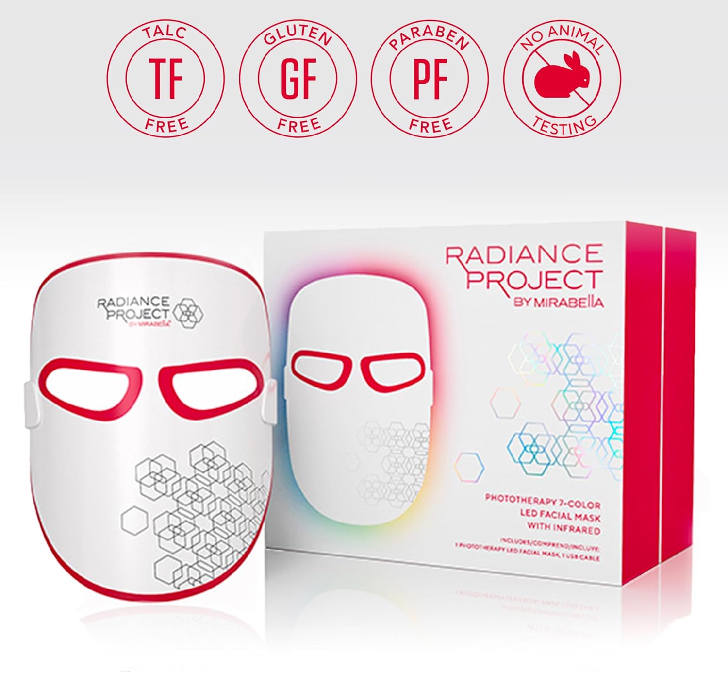 Mirabella Máscara de terapia de luz LED de 7 colores, máscara facial LED con luz infrarroja cercana, máscara ligera e inalámbrica recargable para el