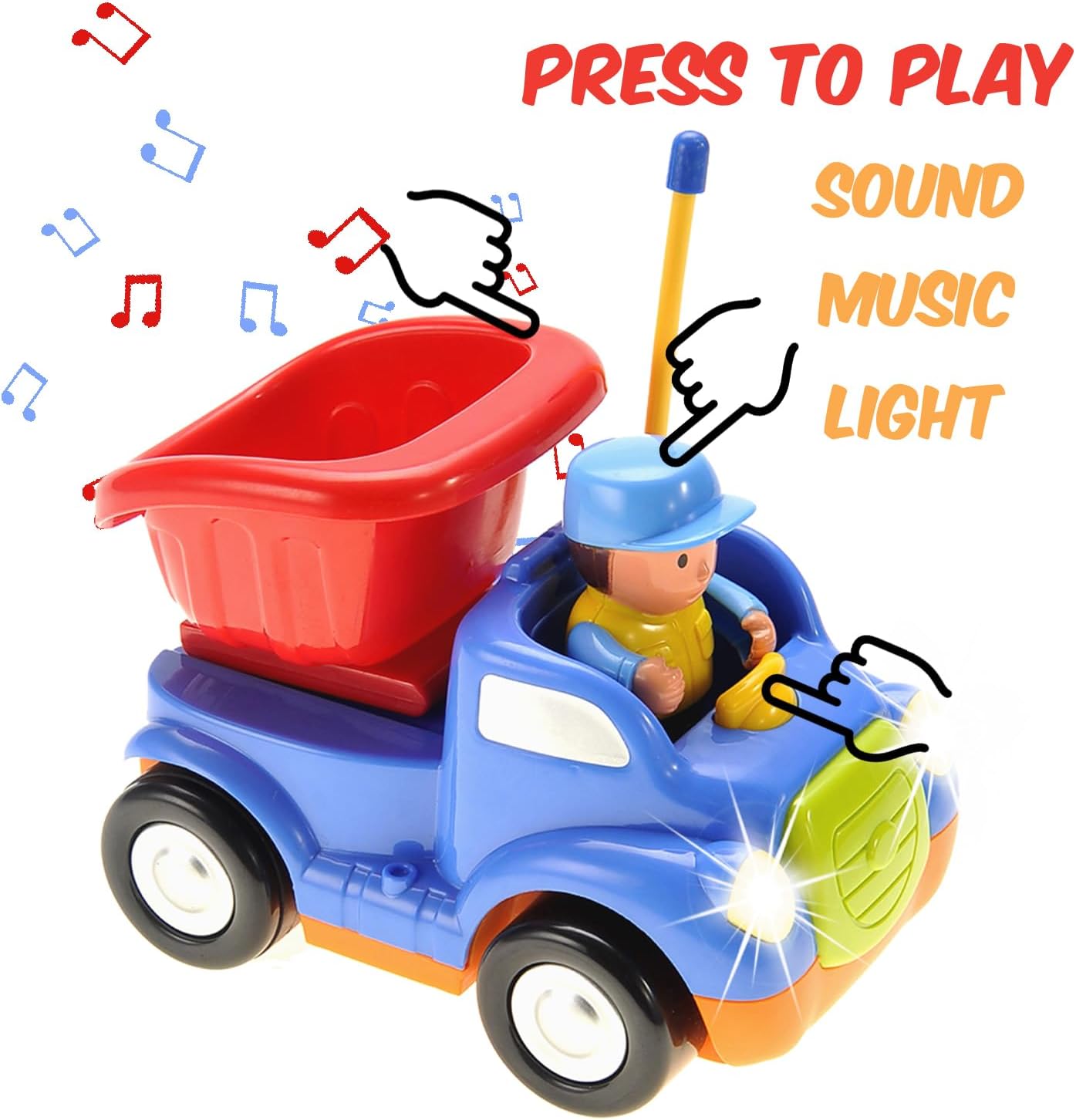 PowerTRC Camión de control remoto de radio de dibujos animados  Coche de construcción RC lindo con música y luz para niños pequeños (azul)