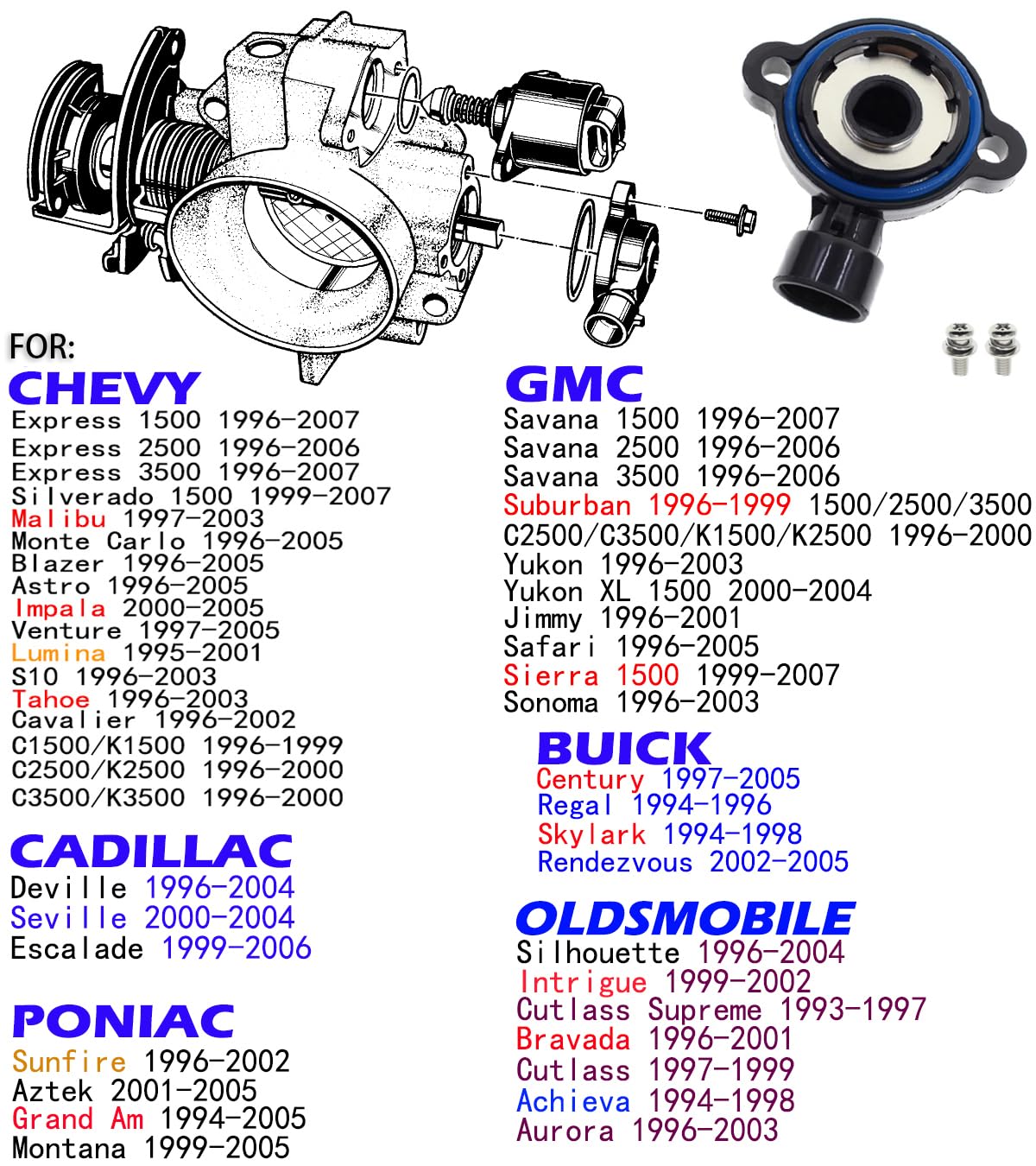 Sensor de posición del acelerador, sensor TPS para Buick Century Cadillac Deville Chevy Express GMC Savana Oldsmobile Silhouette Pontiac Sunfire,