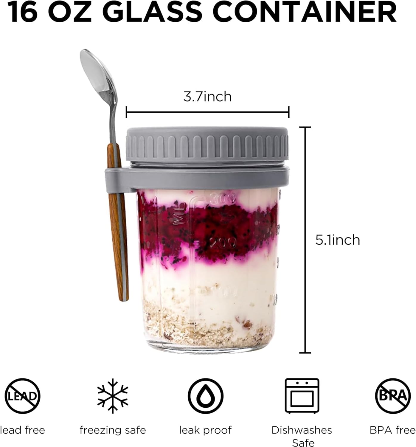 Famyards Paquete de 6 recipientes de avena con tapas herméticas y cucharas, tarros de vidrio de 16 onzas con marcas de medición, tarros de avena