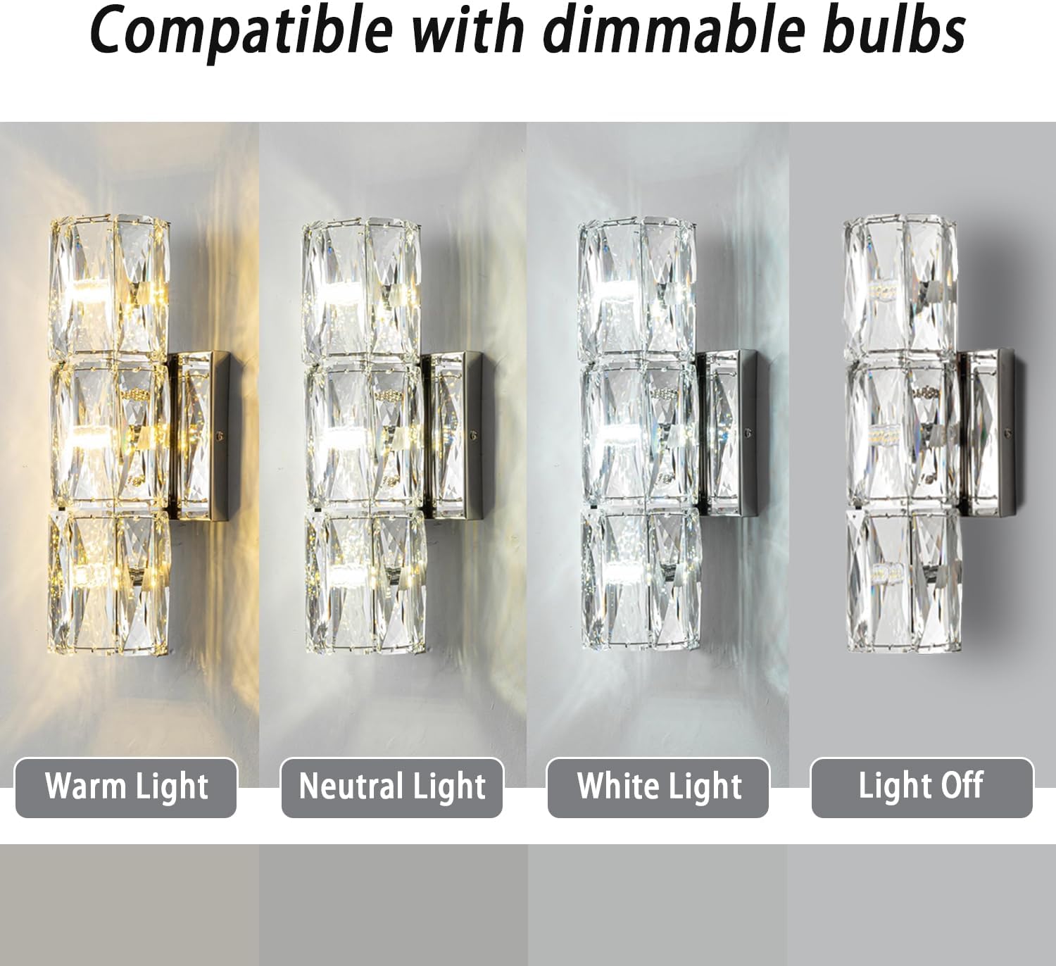 Qaupoee Lámpara de pared de cristal de 3 luces de mediados de siglo, moderna lámpara de pared de metal de acero inoxidable plateado para dormitorio,