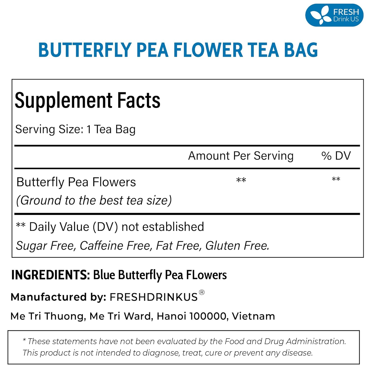 FreshDrinkUS, 55 bolsas de té de guisantes de mariposa, 100% natural y puro de flores de guisantes de mariposa, hechas a mano, hechas con materiales