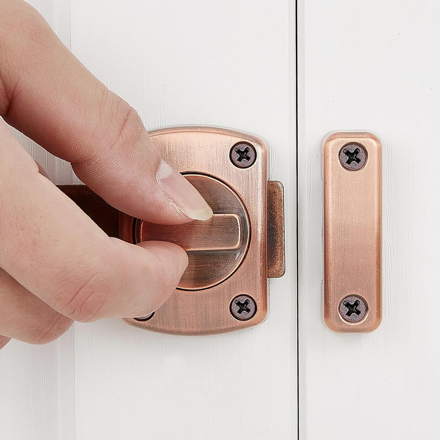 Paquete de 2 pestillos de cerrojo giratorio para puerta de seguridad, cerradura de puerta para mascotas, muebles de gabinete, ventanas, baño,