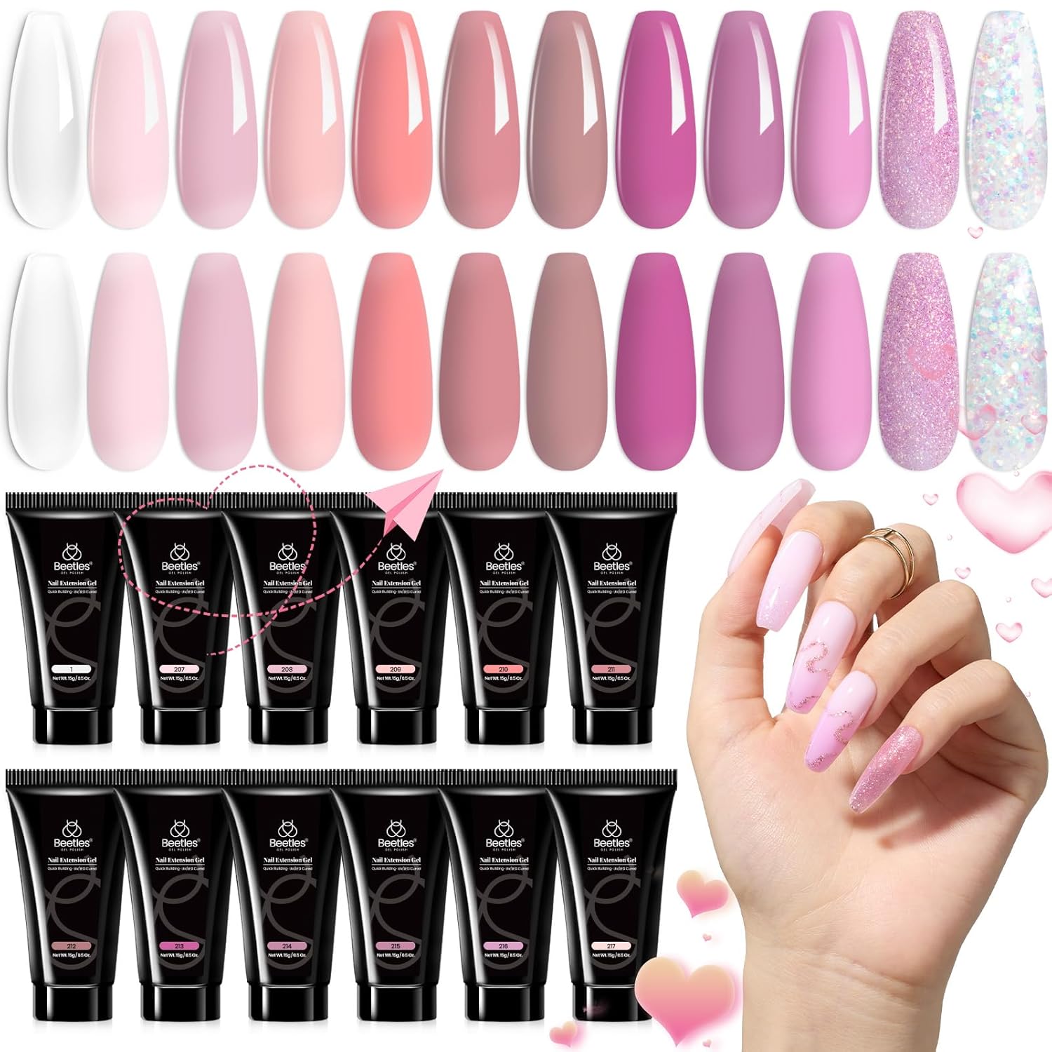 Beetles – Kit de gel de extensión de uñas de 12 colores, transparente, rosa, morado, marrón, purpurina neutra, kit de gel de extensión de uñas, gel