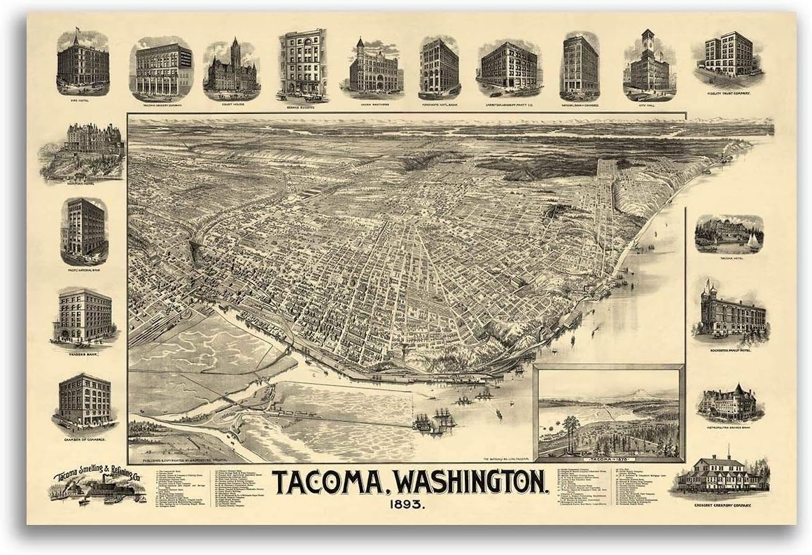 Imán Tacoma WA 1893 de vinilo magnético con mapa de ciudad panorámico histórico para cerraduras, coches, carteles, frigoríficos de 5.0in