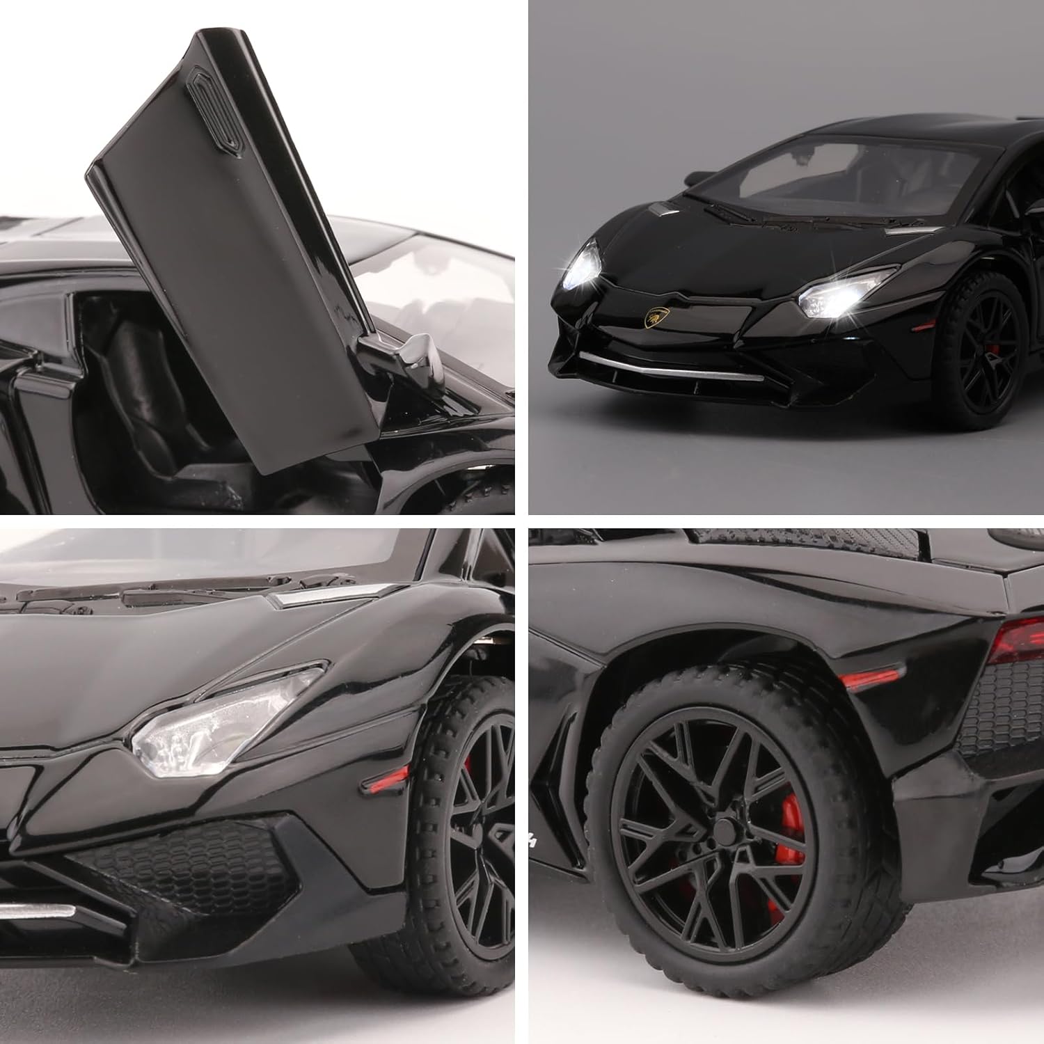 BDTCTK 132 Lambo LP750 Modelo Pull Back Car Coche de juguete con sonido y luz para niños y niñas, cuerpo de metal, puerta abierta, negro