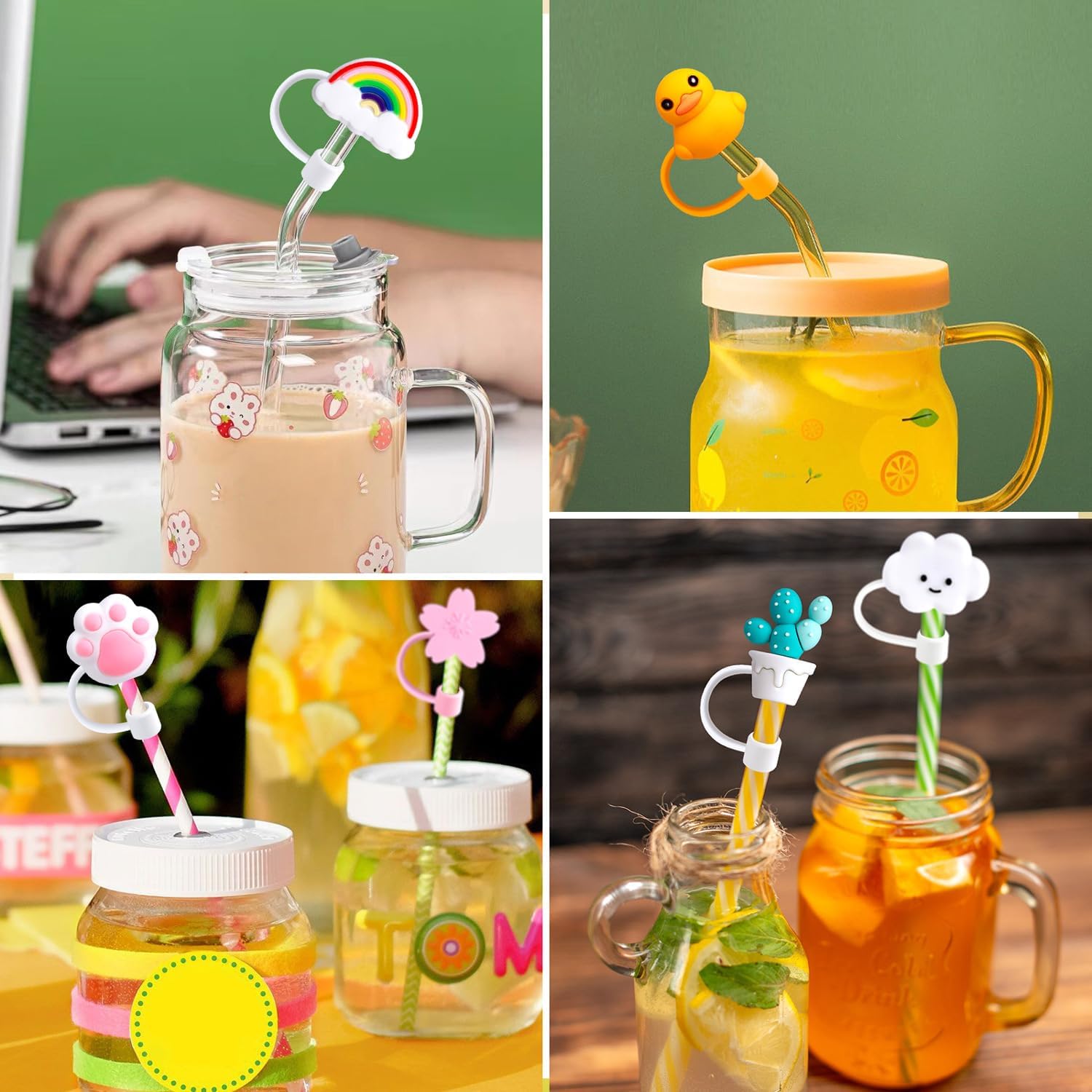 10 fundas grandes para pajilla, de 0.31 a 0.39 pulgadas (0.315-0.394 in), reutilizables, de silicona, con forma de sandía, oso, pato, flores, tapas