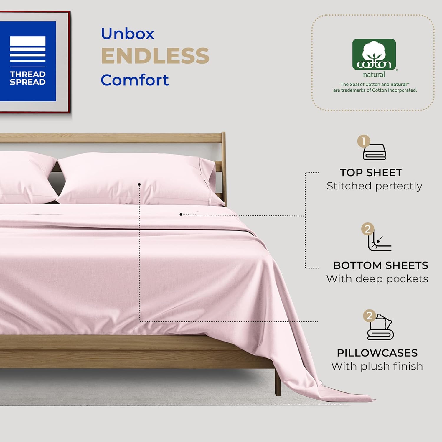 THREAD SPREAD Juego de sábanas de 100 % algodón dividido tamaño King para cama ajustable, juego de sábanas de satén de 5 piezas de 400 hilos,