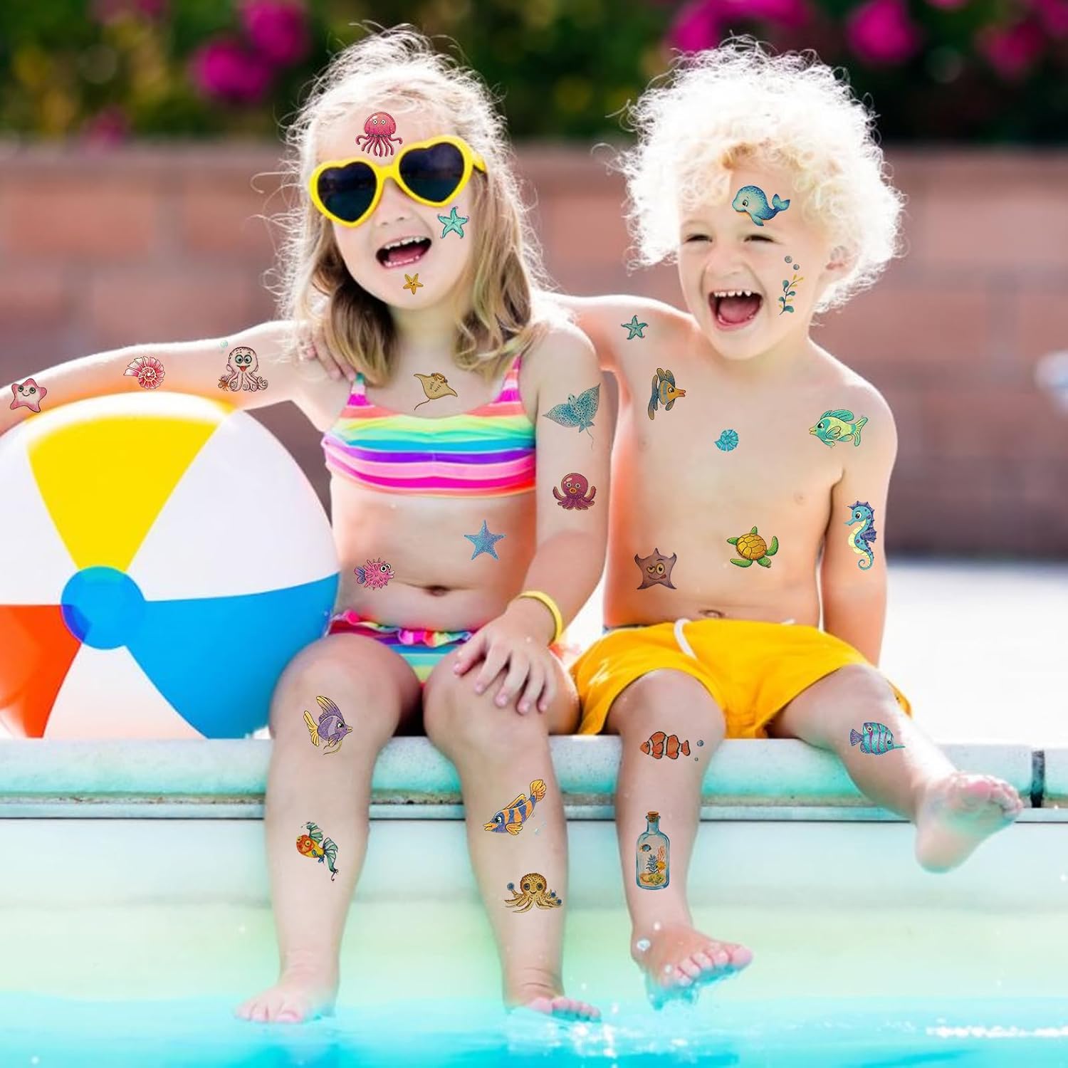 Konsait Más de 120 tatuajes temporales del océano, tatuajes con purpurina bajo el mar para niños y adultos, tatuajes de peces de vida marina,
