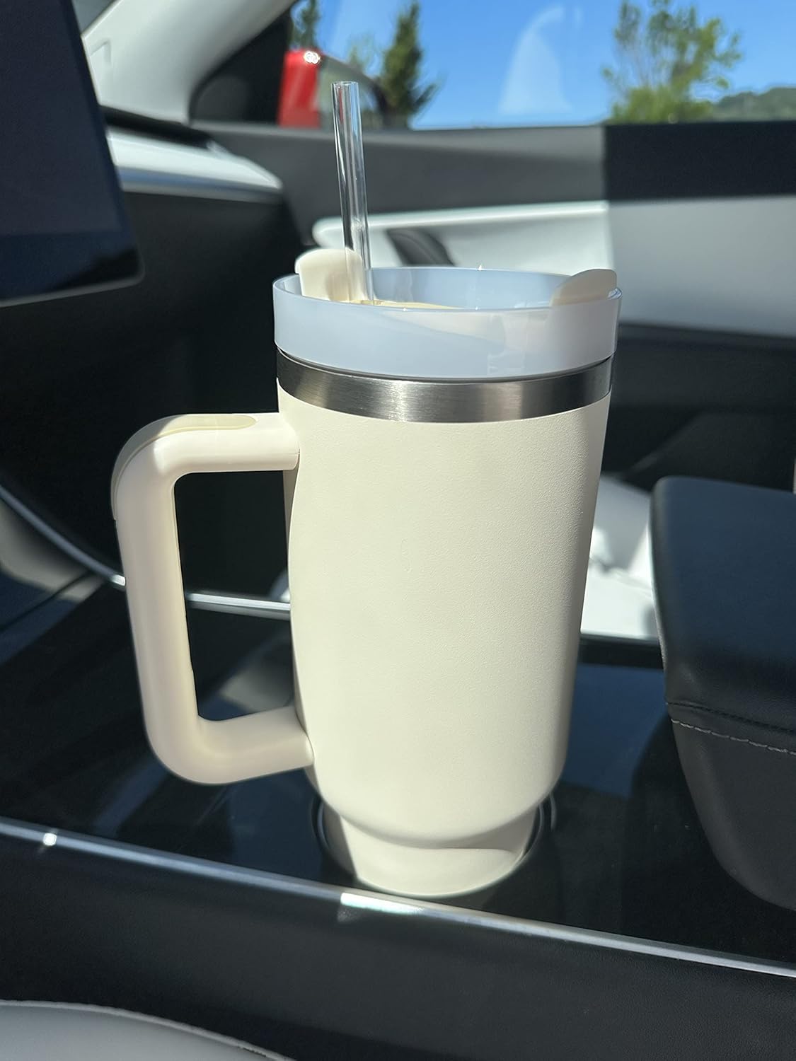 Mi MODERN INFLUENCE 2024 – Vaso térmico de 40 onzas con asa y tapa con popote, vaso de viaje con asa y popote para portavasos de automóvil, vaso