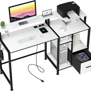 GreenForest Escritorio para computadora con cajones y toma de corriente, escritorio de oficina de 55 pulgadas con estante para impresora, soporte GreenForest Escritorio para computadora con cajones y toma de corriente, escritorio de oficina de 55 pulgadas con estante para impresora, soporte