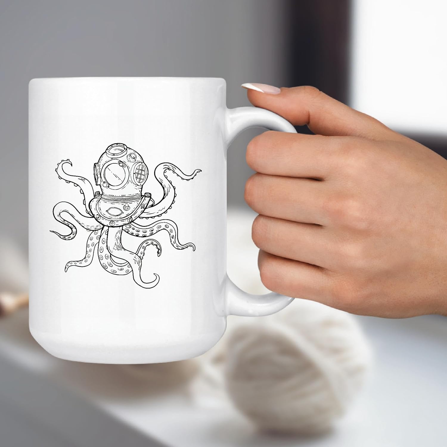 Scuba Diver Octopus Body Gift Creative Stroke Style Design for Nature Lovers Ocean Fans 11oz 15oz White Coffee Mug