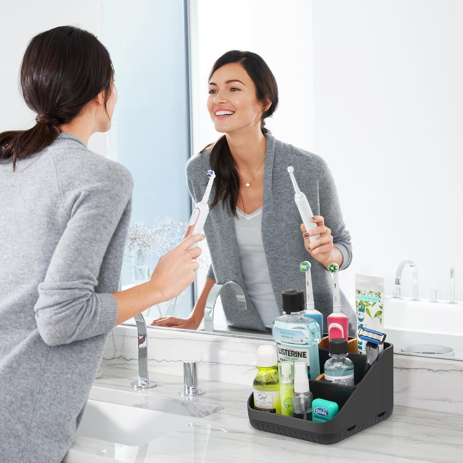 Chintu Portacepillos de dientes para baño, organizador de encimera de baño, soporte eléctrico para cepillado de dientes, 6 ranuras para organización
