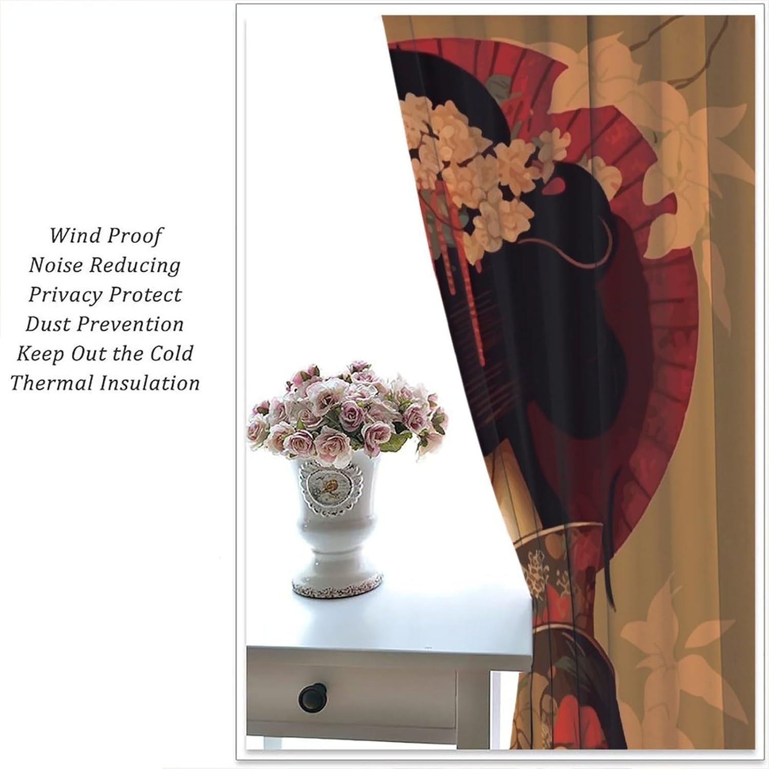 Cortina opaca japonesa de Geisha para niña, estilo tradicional con diseño de flor de cerezo, cortinas reductoras de ruido, bolsillo para barra, sala