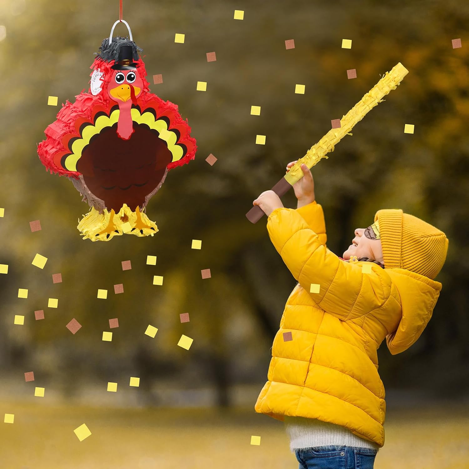 Piñata de pavo de Acción de Gracias con palo y vendas de ojos y confeti con temática de otoño, decoración de baby shower, juegos de festival de