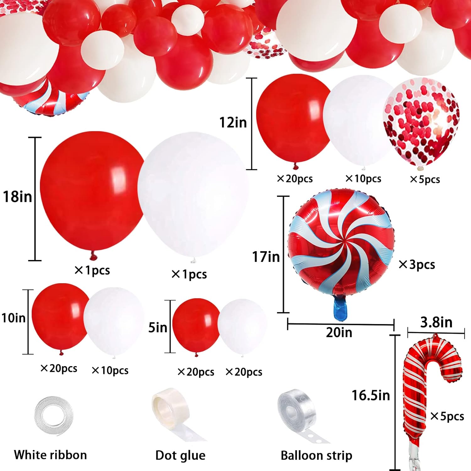 Kit de guirnalda de globos de bastón de caramelo de Navidad de 115 piezas para decoraciones de Navidad, globos de látex blanco y rojo con bastón de