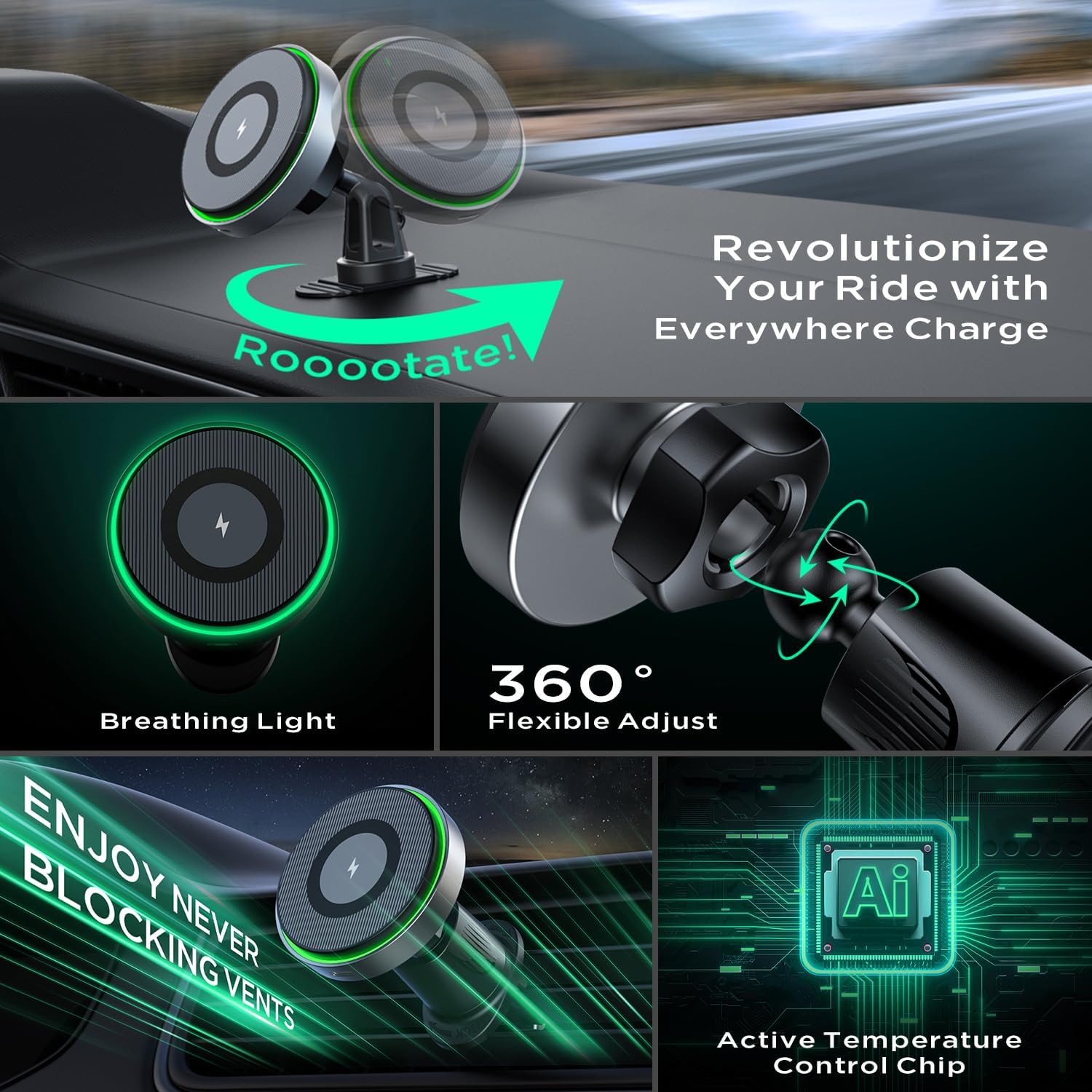 TIKECO Cargador de coche MagSafe, cargador inalámbrico magnético de 15 W, soporte de teléfono para salpicadero de ventilación de aire, soporte