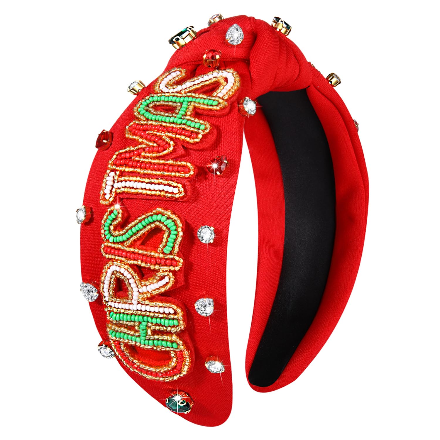 NVENF Diadema de Navidad para mujer, diadema de Navidad con adornos de perlas de cristal, diadema anudada con nudo superior ancho, accesorios para