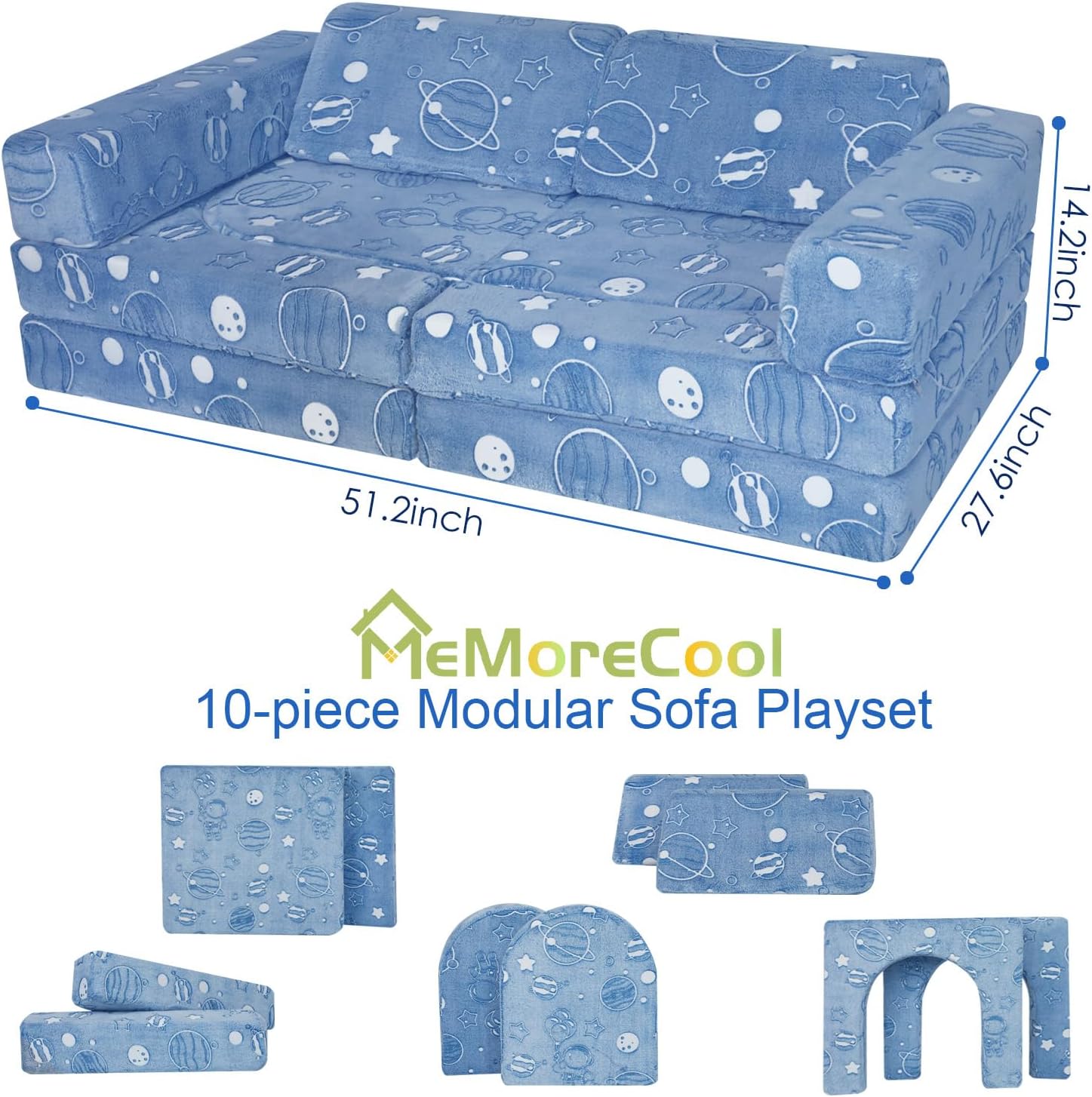 MeMoreCool Sofá infantil de 10 piezas, sofá de espacio brillante para sala de juegos, sofá de espuma plegable para niñas y niños, juego modular