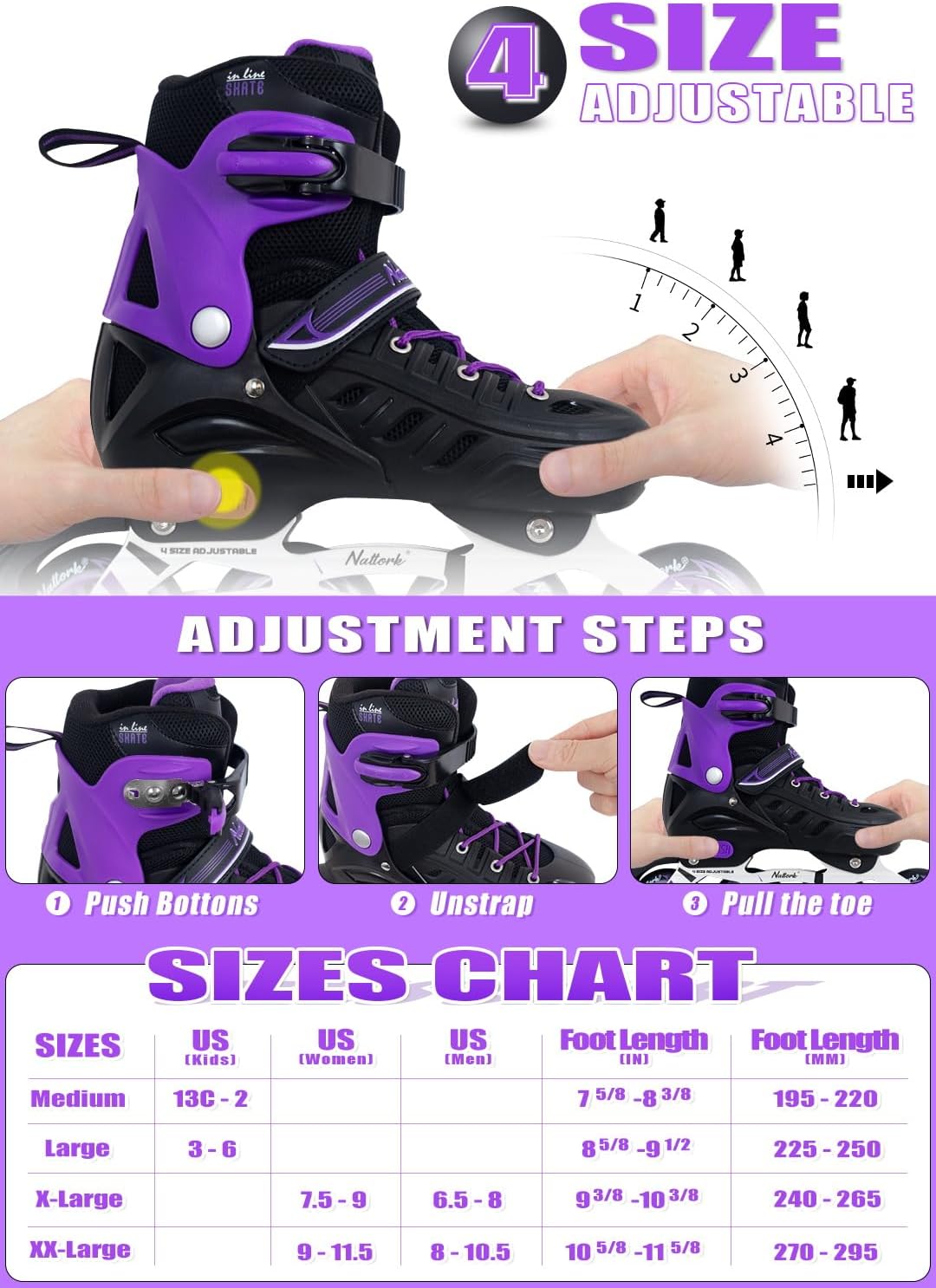 Nattork Patines en línea para niños y niñas, hombres y mujeres, 4 tamaños ajustables, patines de ruedas para principiantes para niños y adultos