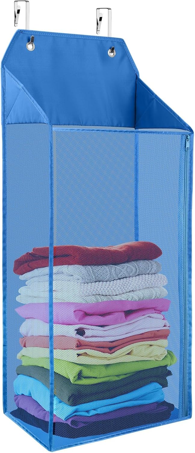 Libeder Cesta de lavandería para colgar sobre la puerta, cesta plegable de malla para colgar con cremallera para organizador de ropa sucia, bolsa de