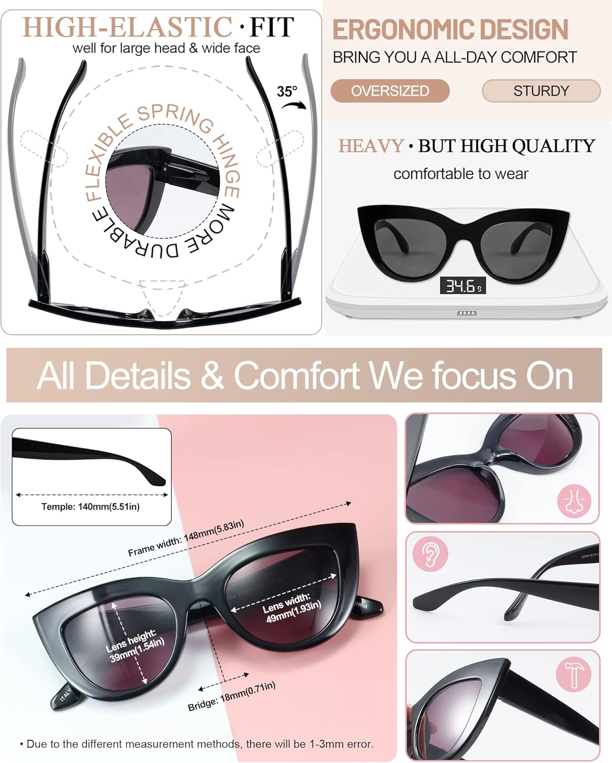 MARE AZZURO Gafas de sol con lector de ojos de gato 3.00+ lentes de lectura solar para mujer 1.0 1.25 1.5 1.75 2.0 2.25 2.5 2.75 3.0 3.5 4.0 (negro,