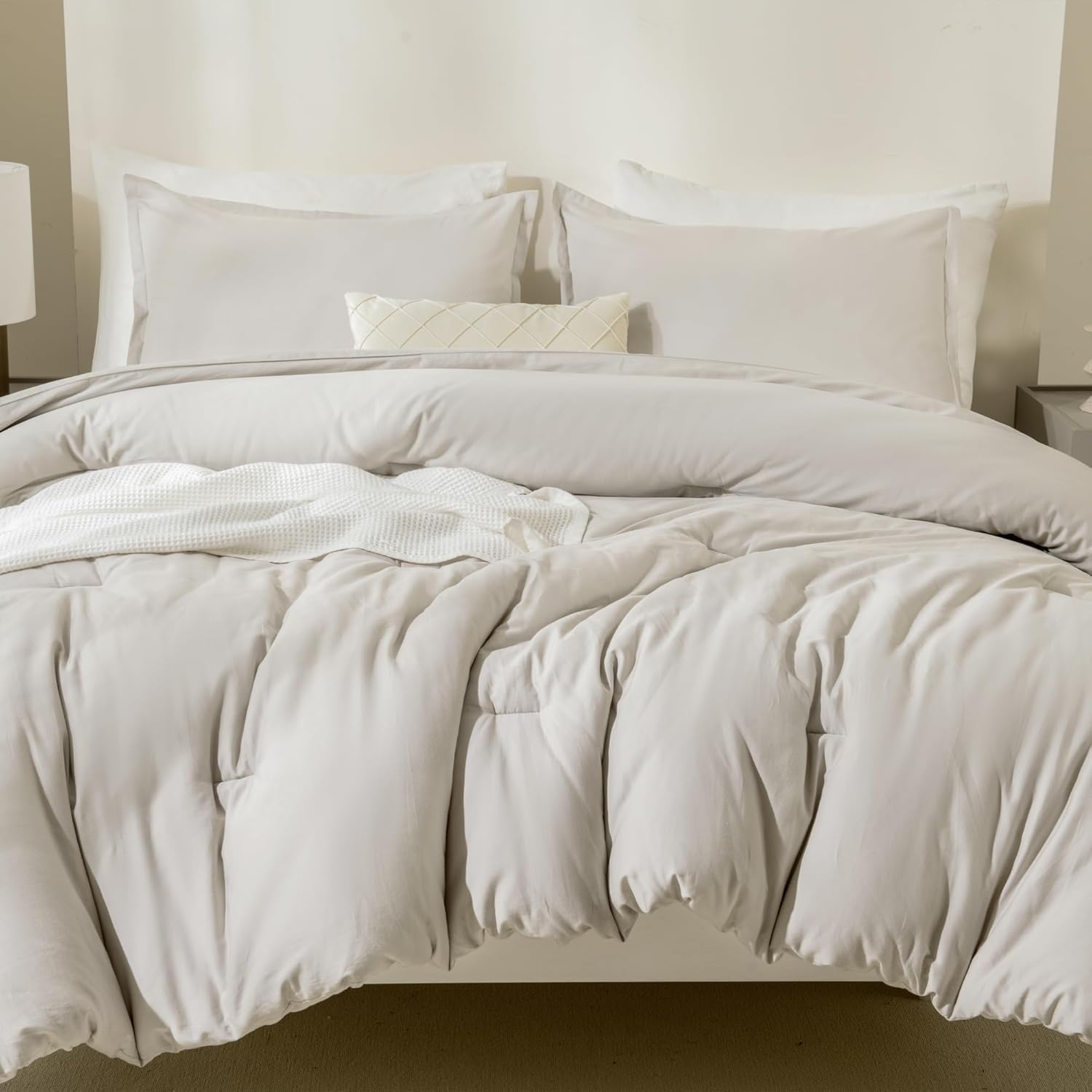 Litanika Juego de edredón de lino de algodón gris tamaño Queen, juego de ropa de cama transpirable de 3 piezas, color caqui, suave para todas las